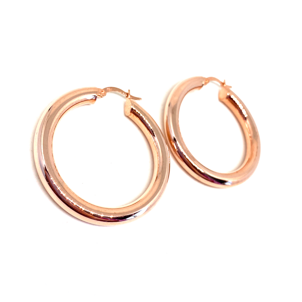 Kadın Gümüş Büyük Bombeli Düz Halka Küpe imitasyon Altın Görünümlü 925 ayar rose renk