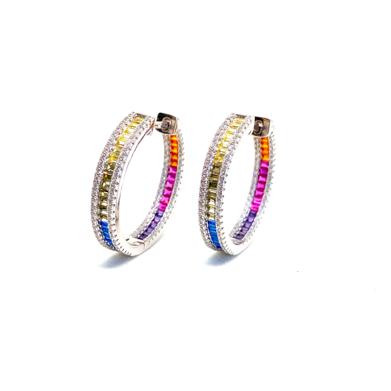 Kadın Gümüş Multicolor Baget Taşlı Halka Küpe colormix rainbow renkli Pırlanta görünümlü 925 ayar