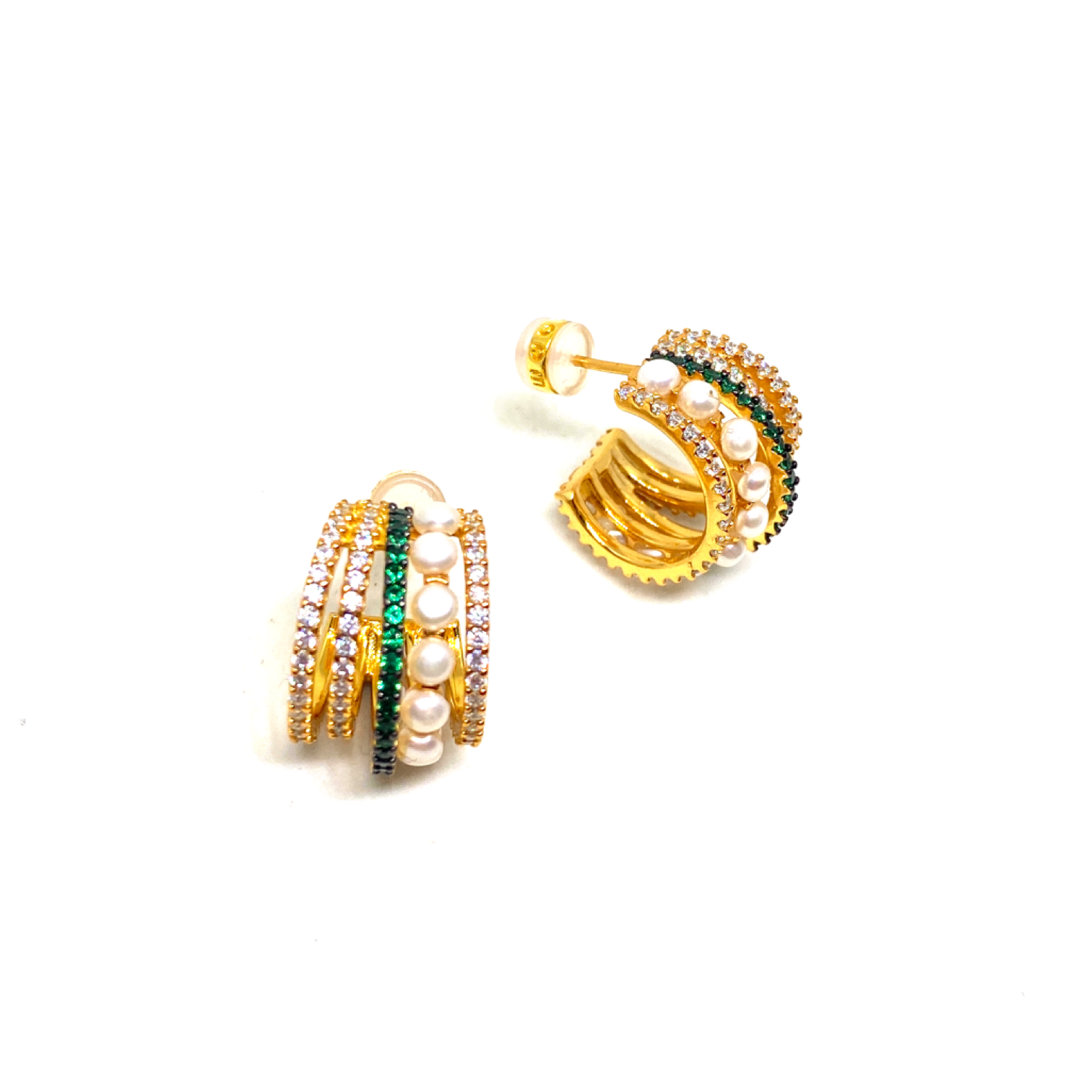 Kadın Gümüş İncili Çoklu Halka Küpe 925 ayar yeşil