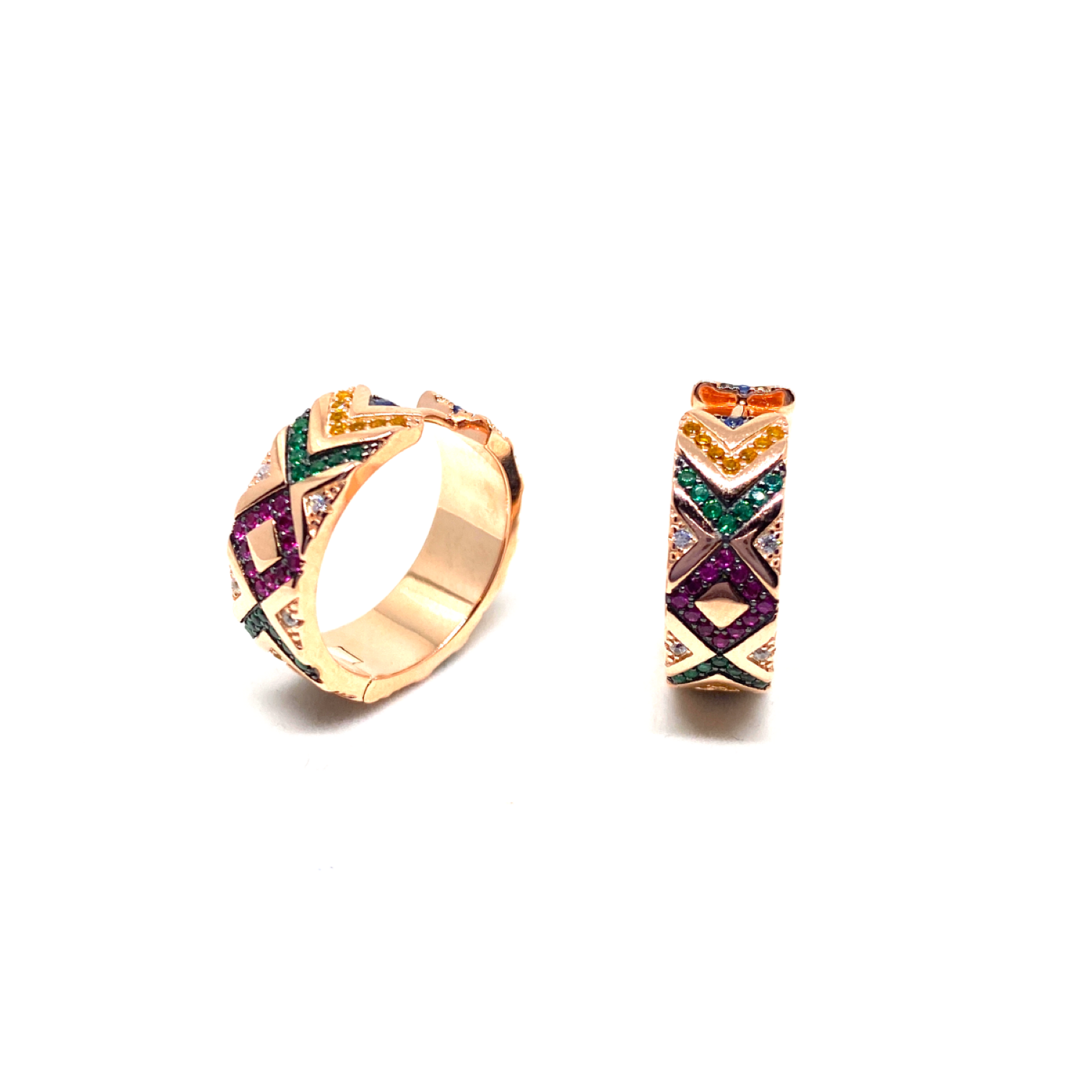 Kadın Gümüş Karo Desenli Düz Halka Küpe etnik Altın Görünümlü 925 ayar rose kaplama