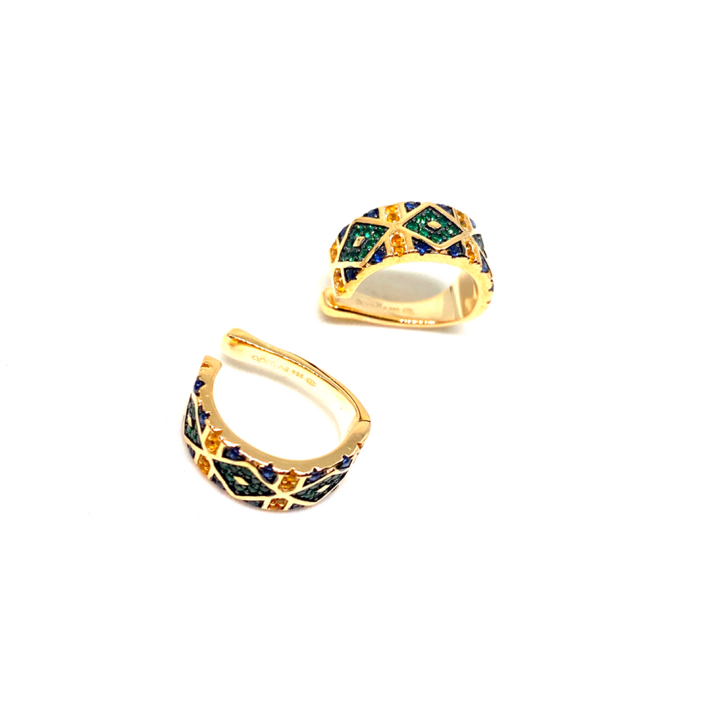 Kadın Gümüş Etnik Desenli Kalın Cuff sıkıştırmalı Kıkırdak Küpe Altın Görünümlü 925 ayar gold renk