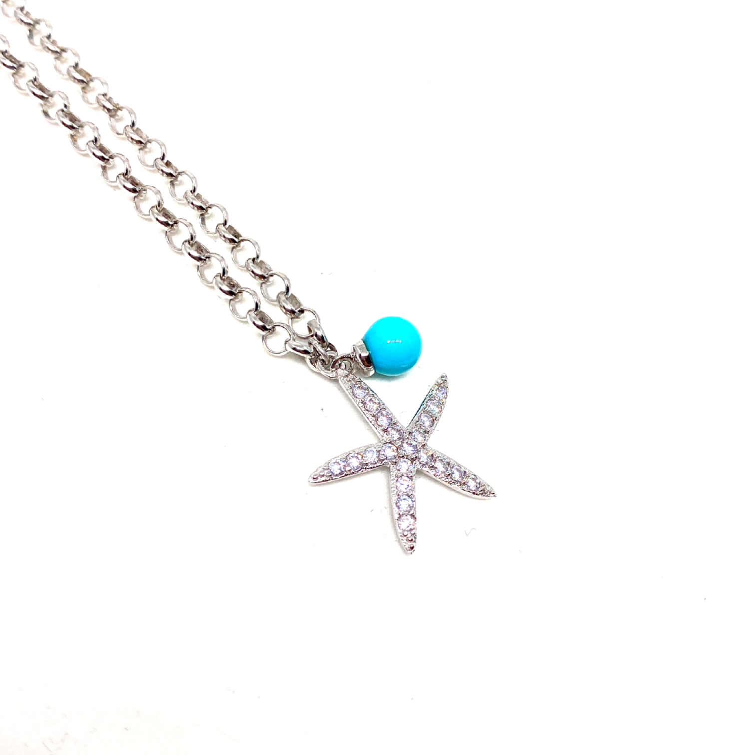 Kadın Gümüş Turkuaz Toplu Deniz Yıldızı Kolye mavi boncuk Taşlı 925 ayar