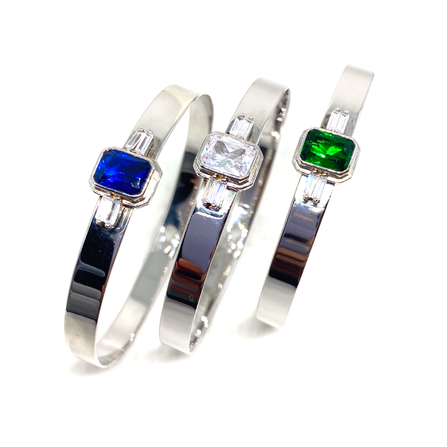 Kadın Gümüş Renkli Baget Kelepçe bilezik imitasyon Pırlanta safir zümrüt Görünümlü 925 ayar