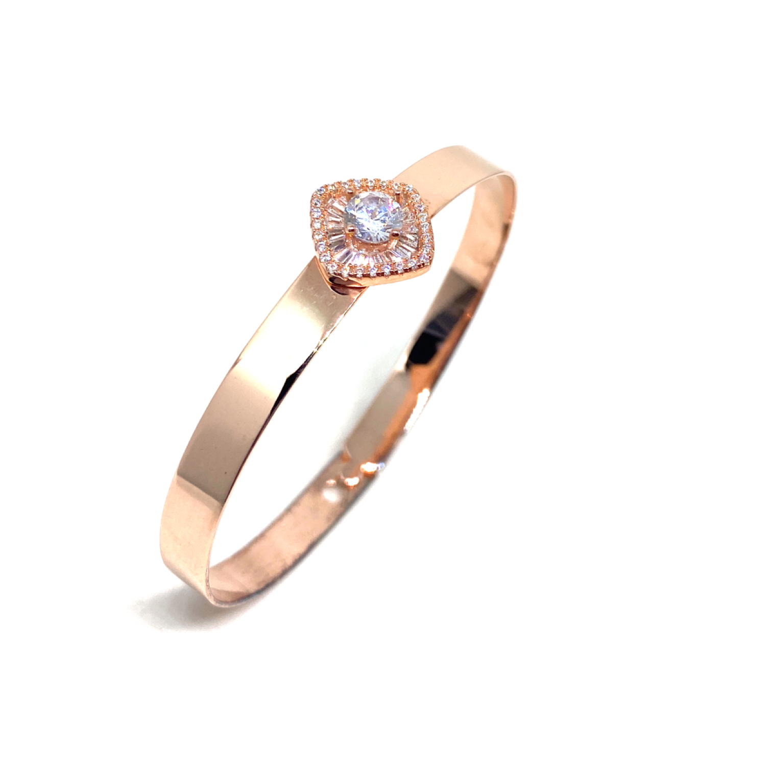 Kadın Gümüş Kare Baget Taşlı Kelepçe bilezik Pırlanta Görünümlü 925 ayar rose renk