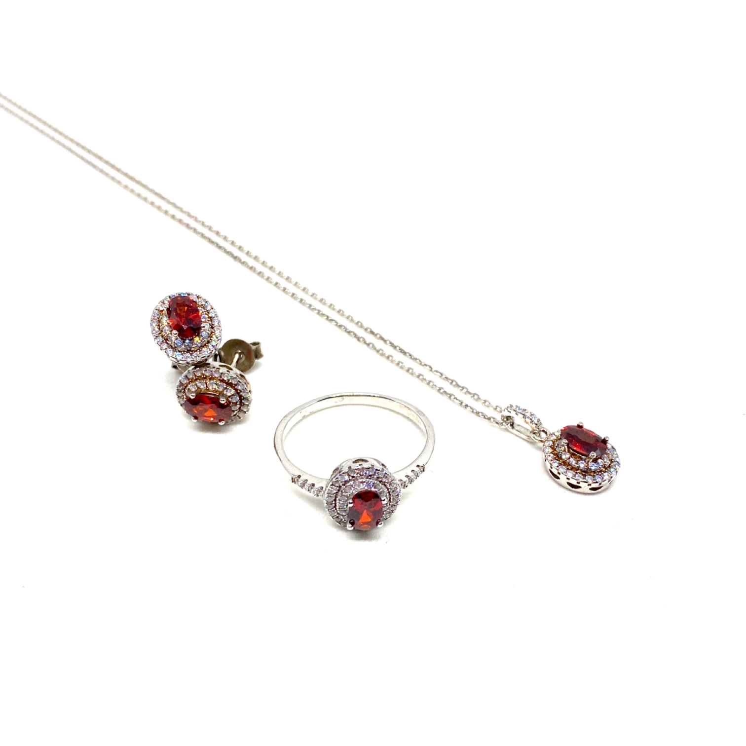 Kadın Gümüş Yakut Görünümlü Set kolye küpe yüzük vintage Kırmızı imitasyon Pırlanta 925 ayar
