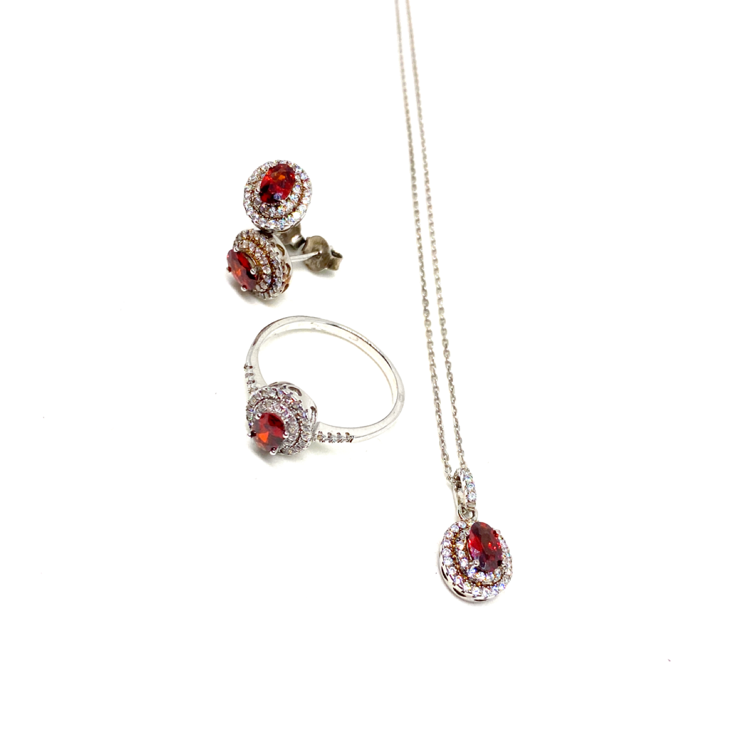 Kadın Gümüş Yakut Görünümlü Set kolye küpe yüzük vintage Kırmızı imitasyon Pırlanta 925 ayar