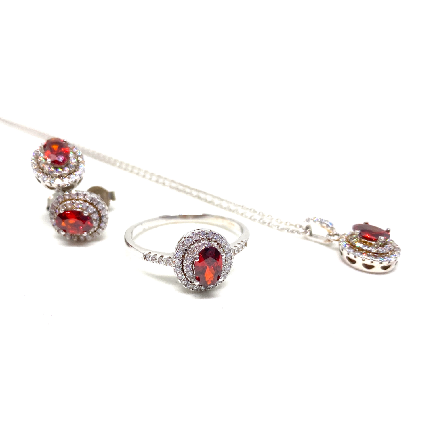 Kadın Gümüş Yakut Görünümlü Set kolye küpe yüzük vintage Kırmızı imitasyon Pırlanta 925 ayar