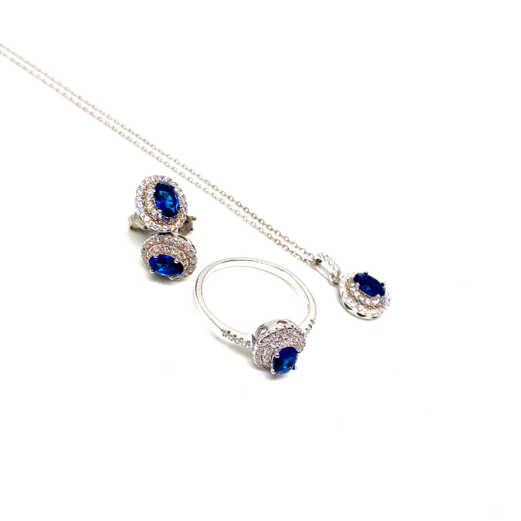 Kadın Gümüş Safir Görünümlü Set imitasyon Pırlanta 925 ayar