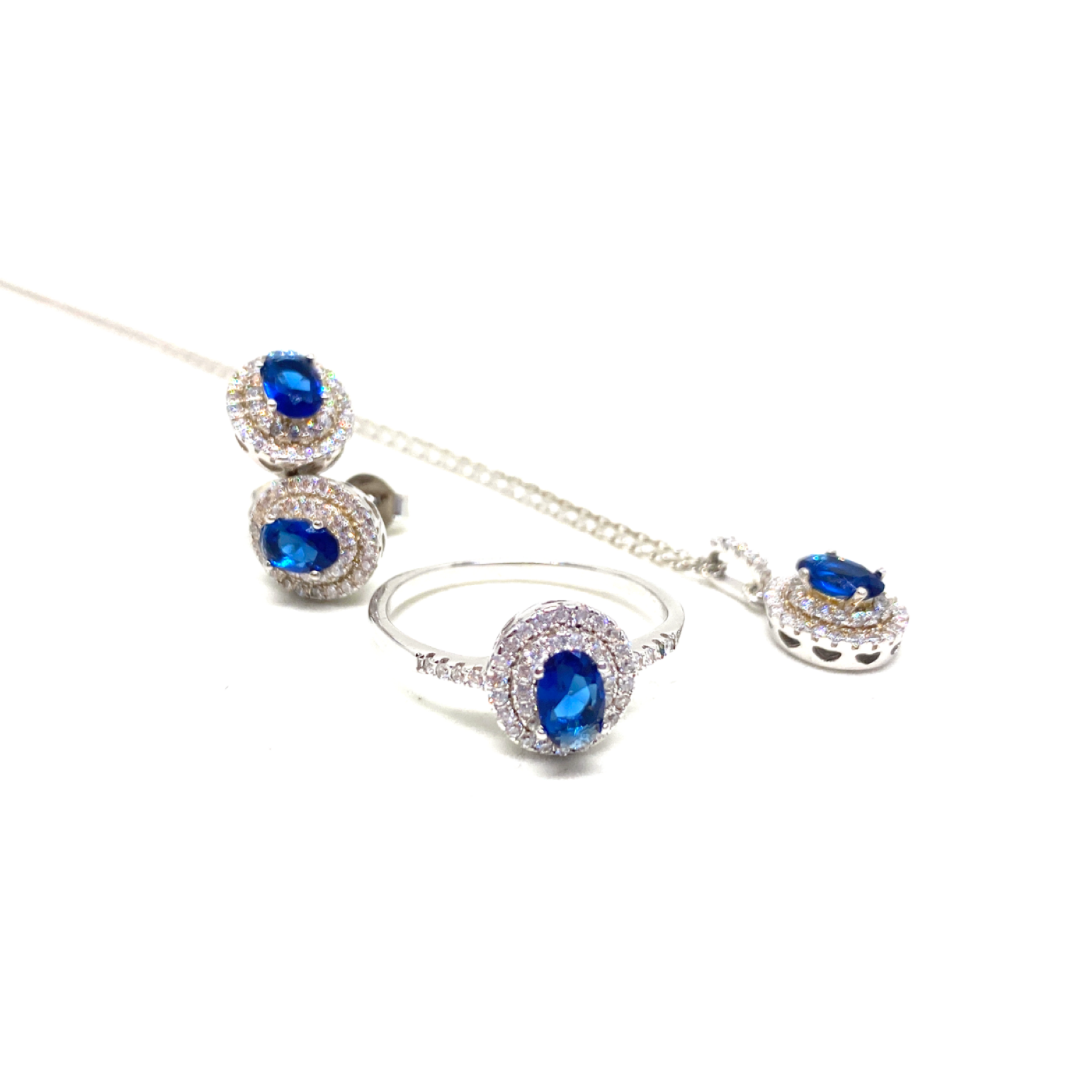 Kadın Gümüş Safir Görünümlü Set imitasyon Pırlanta 925 ayar