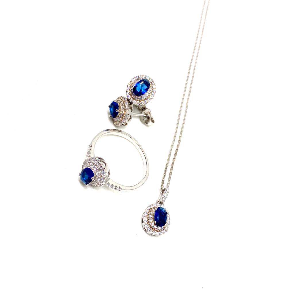 Kadın Gümüş Safir Görünümlü Set imitasyon Pırlanta 925 ayar