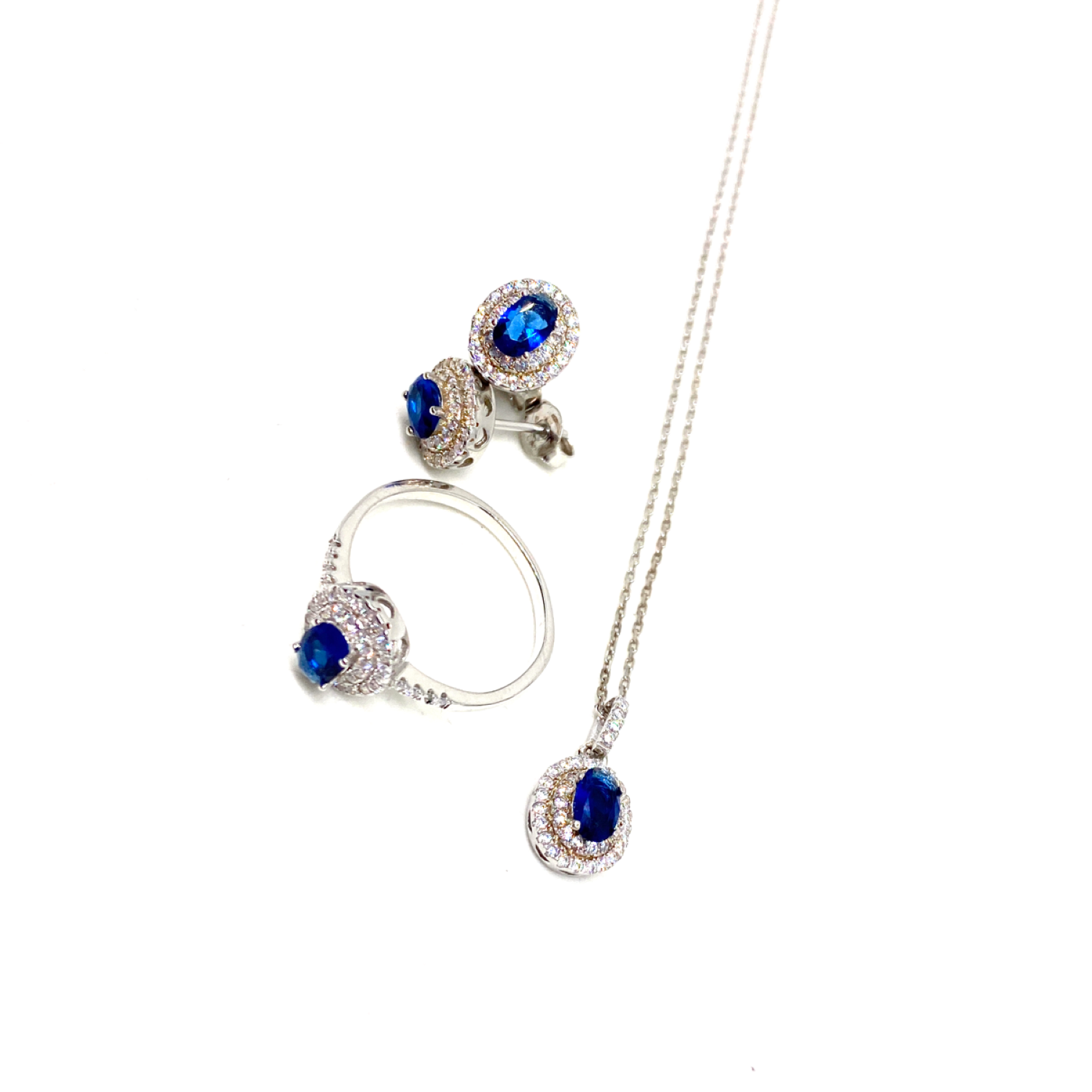 Kadın Gümüş Safir Görünümlü Set imitasyon Pırlanta 925 ayar