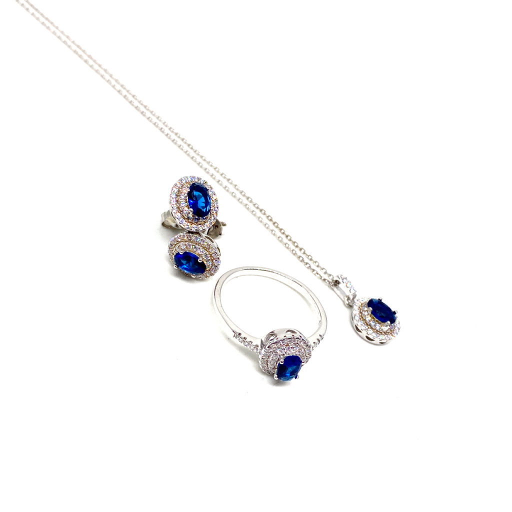 Kadın Gümüş Safir Görünümlü Set imitasyon Pırlanta 925 ayar
