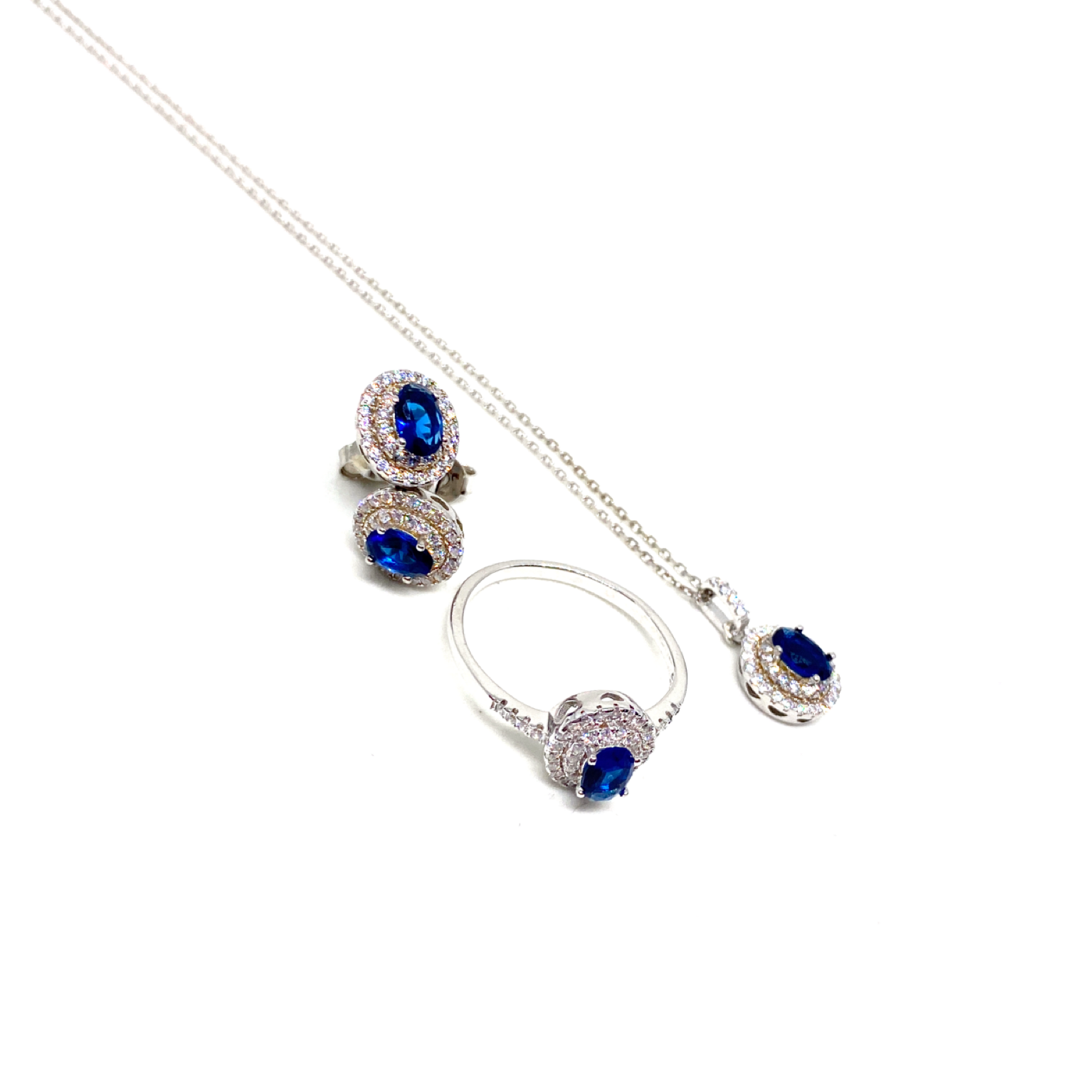 Kadın Gümüş Safir Görünümlü Set imitasyon Pırlanta 925 ayar