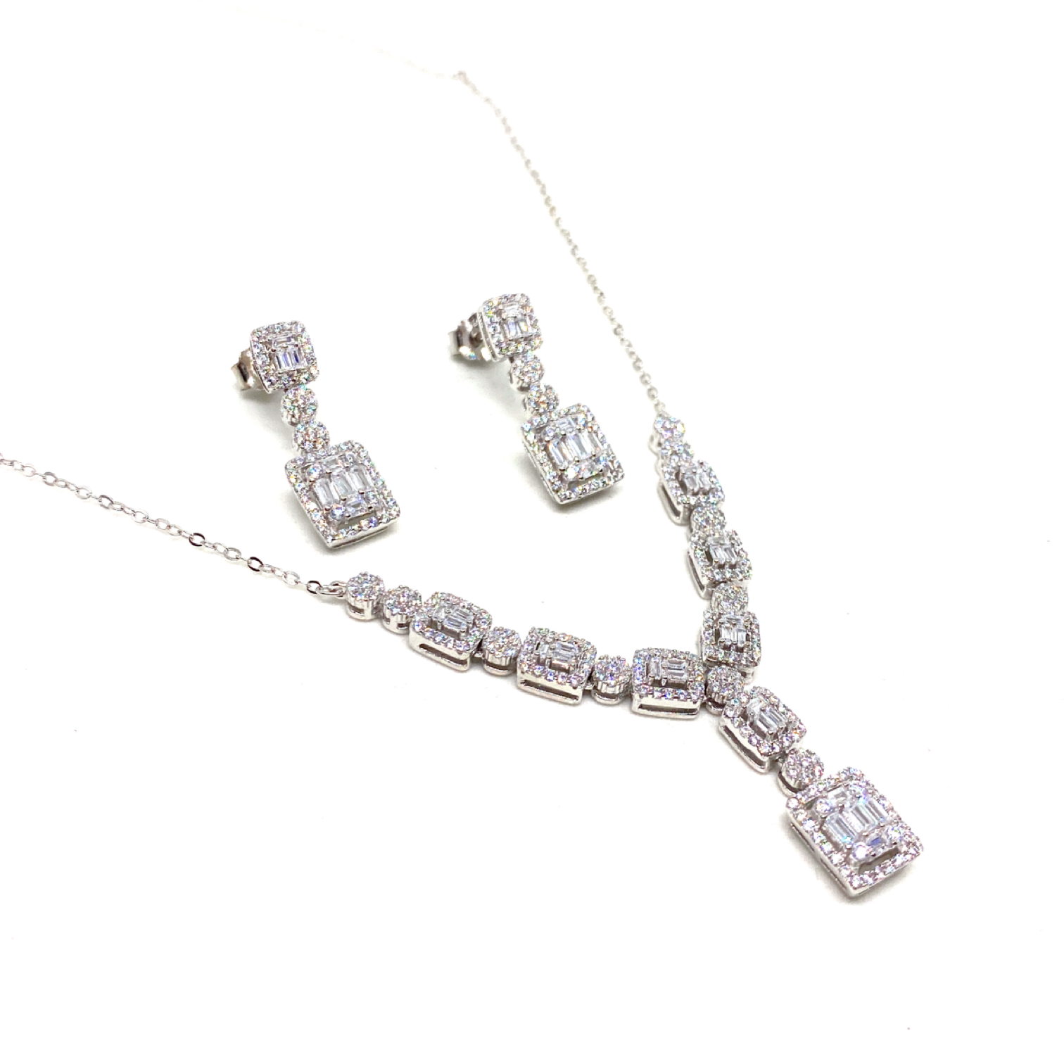 Kadın Gümüş Baget Kolye Küpe Set Pırlanta Görünümlü imitasyon 925 ayar