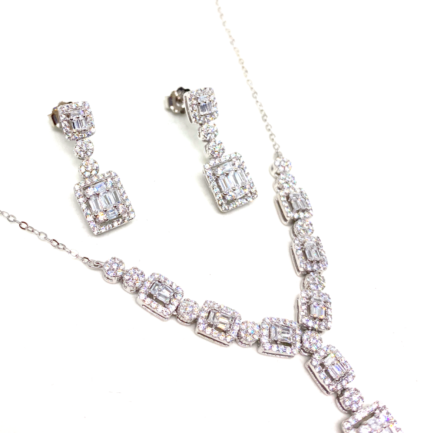 Kadın Gümüş Baget Kolye Küpe Set Pırlanta Görünümlü imitasyon 925 ayar