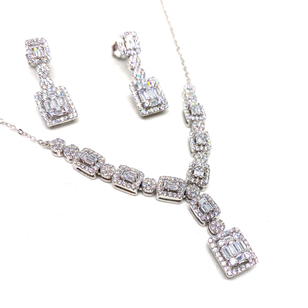 Kadın Gümüş Baget Kolye Küpe Set Pırlanta Görünümlü imitasyon 925 ayar