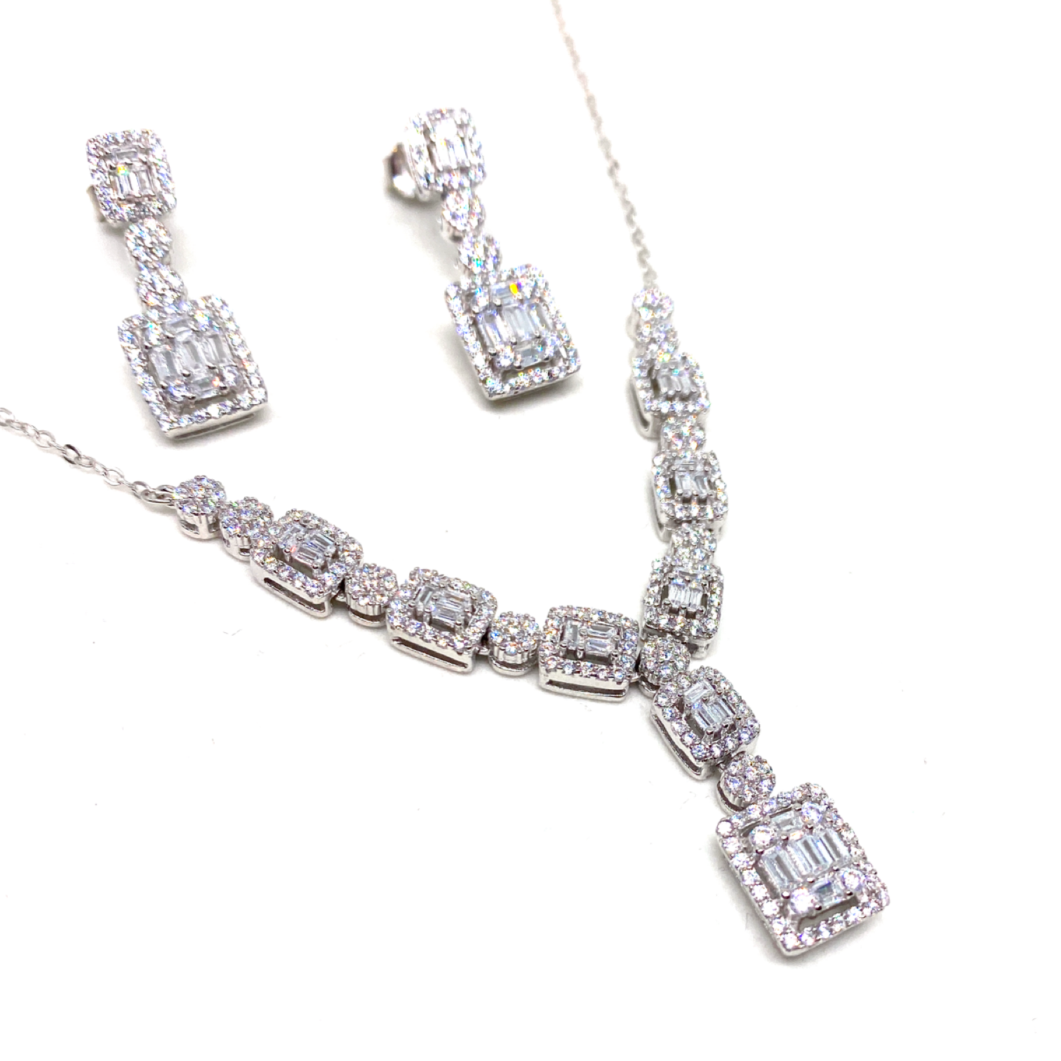 Kadın Gümüş Baget Kolye Küpe Set Pırlanta Görünümlü imitasyon 925 ayar