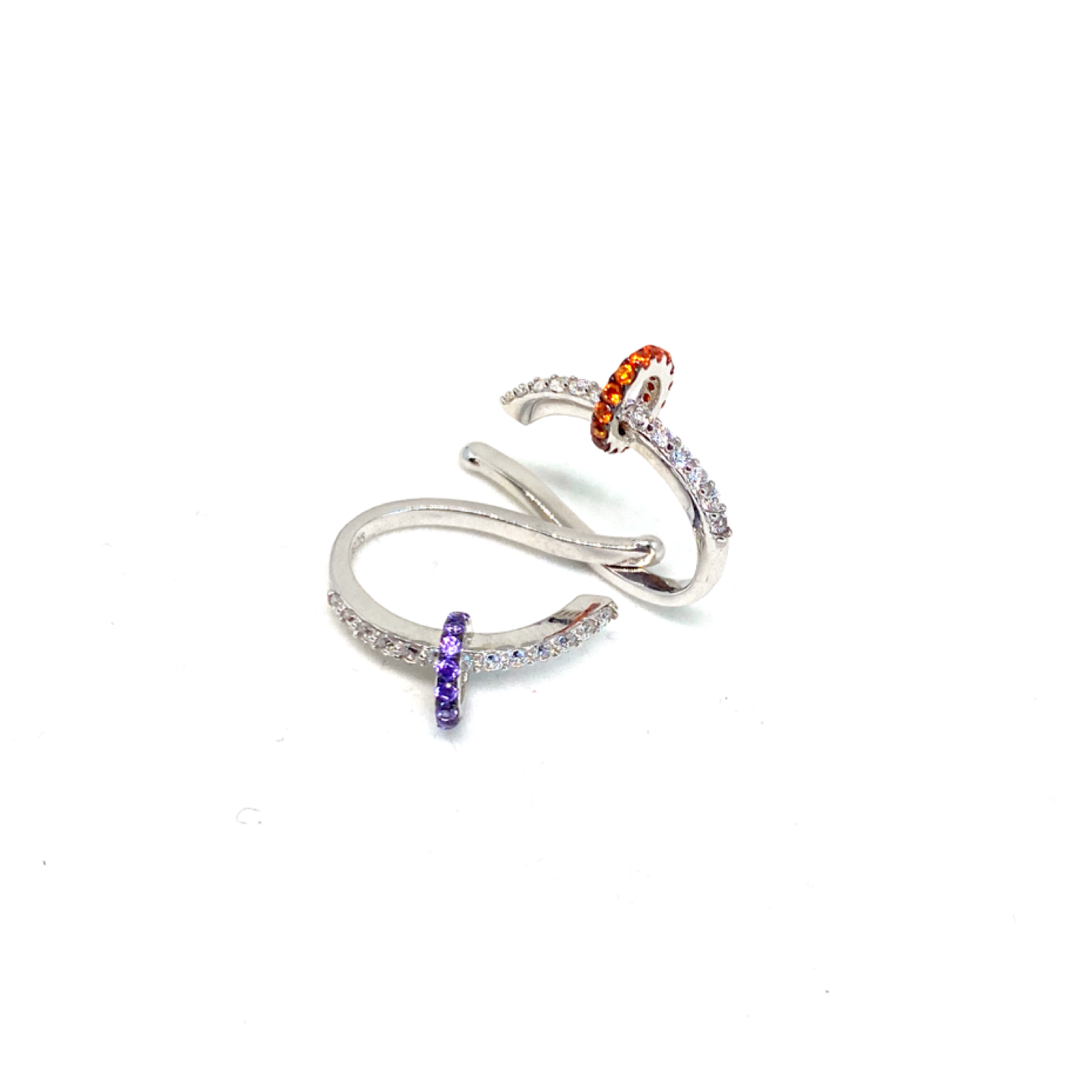 Kadın Gümüş Renkli Ringli Cuff sıkıştırmalı Kıkırdak Küpe turuncu lacivert mavi Sıvama Taşlı 925 ayar