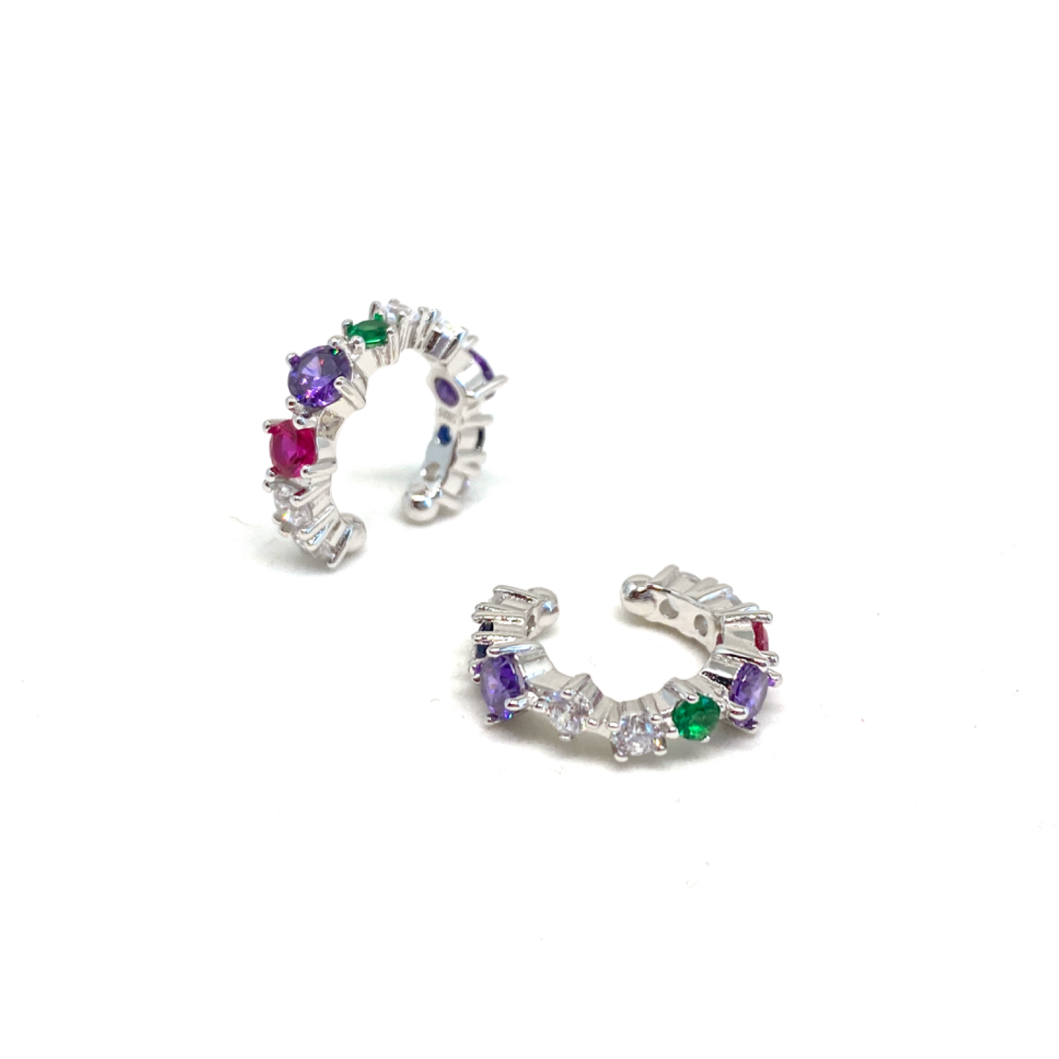 Kadın Gümüş Rainbow Cuff sıkıştırmalı Kıkırdak Küpe Taşlı renkli 925 ayar