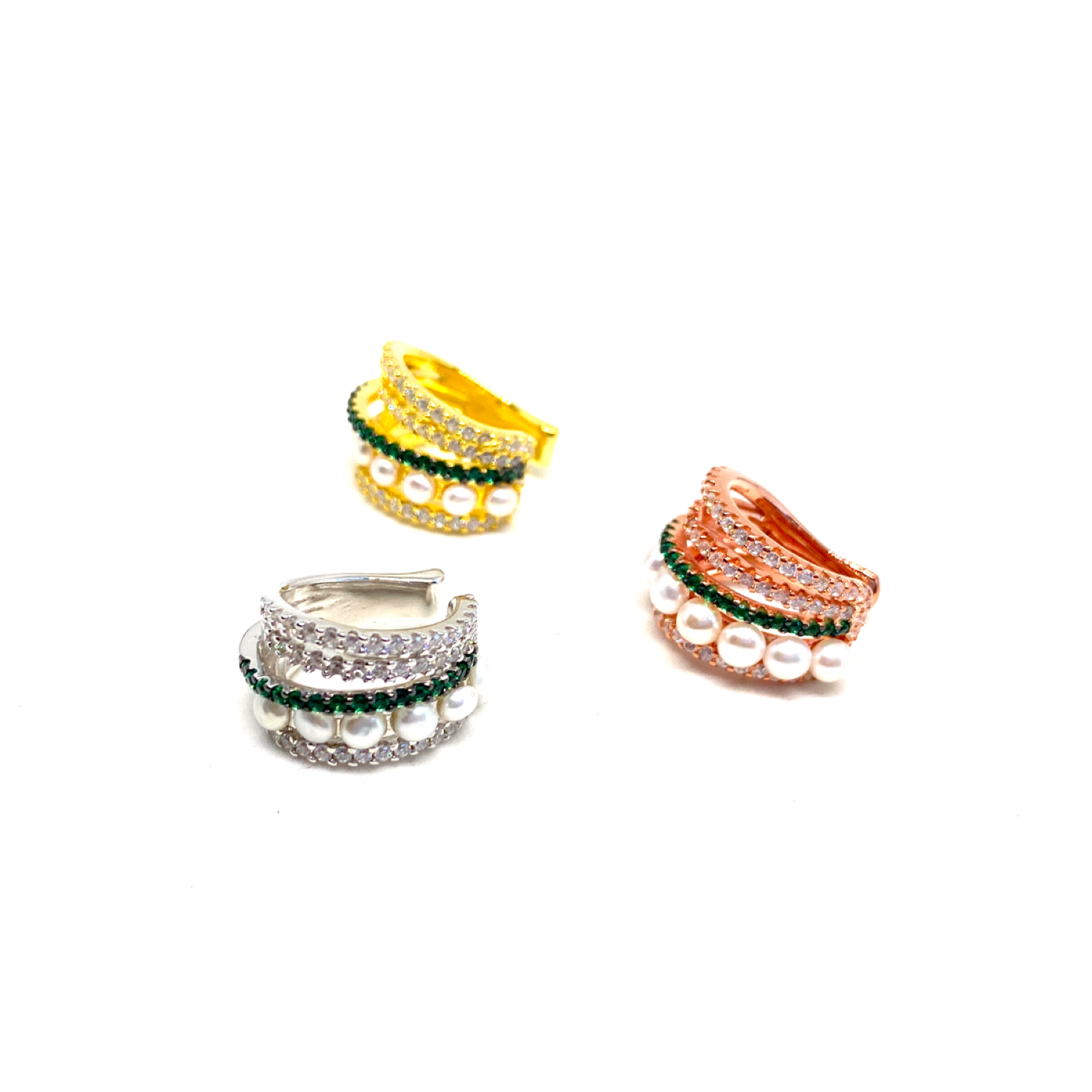 Kadın Gümüş Yeşil Taşlı İncili Küçük Cuff kıkırdak küpe çoklu multi 925 ayar rose