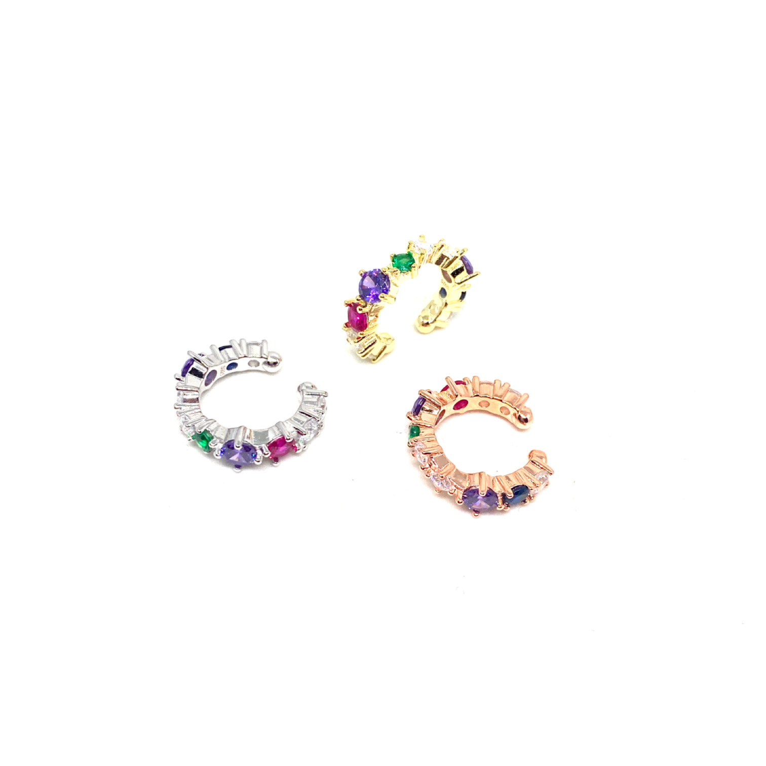 Kadın Gümüş Rainbow Cuff sıkıştırmalı Kıkırdak Küpe Taşlı renkli 925 ayar