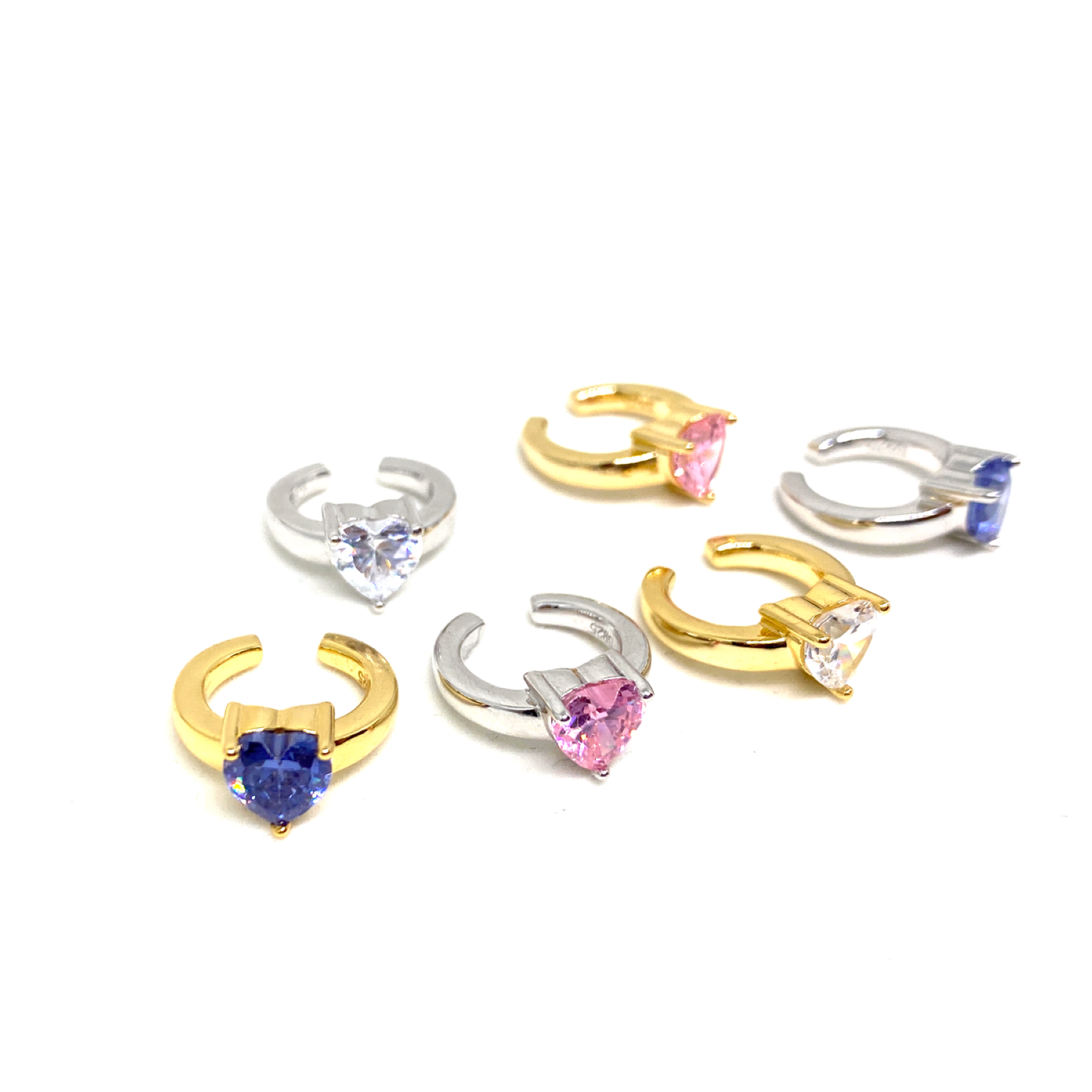 Kadın Gümüş Kalpli Cuff Kıkırdak Küpesi sıkıştırmalı 925 ayar renkli pembe mor mavi lacivert