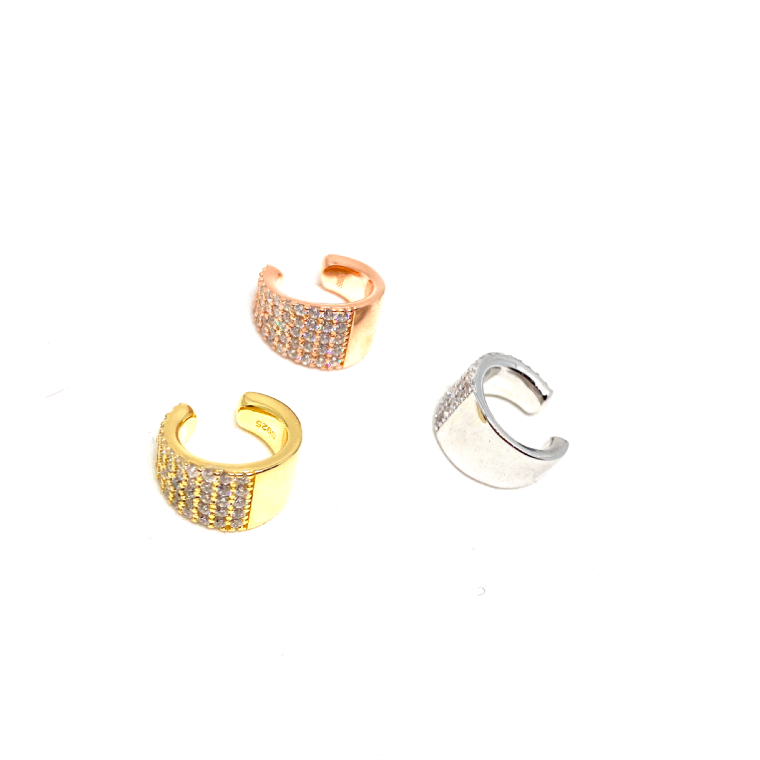 Kadın Gümüş Sıvama Taşlı Kalın Cuff sıkıştırmalı Kıkırdak Küpe Pırlanta görünümlü 925 ayar