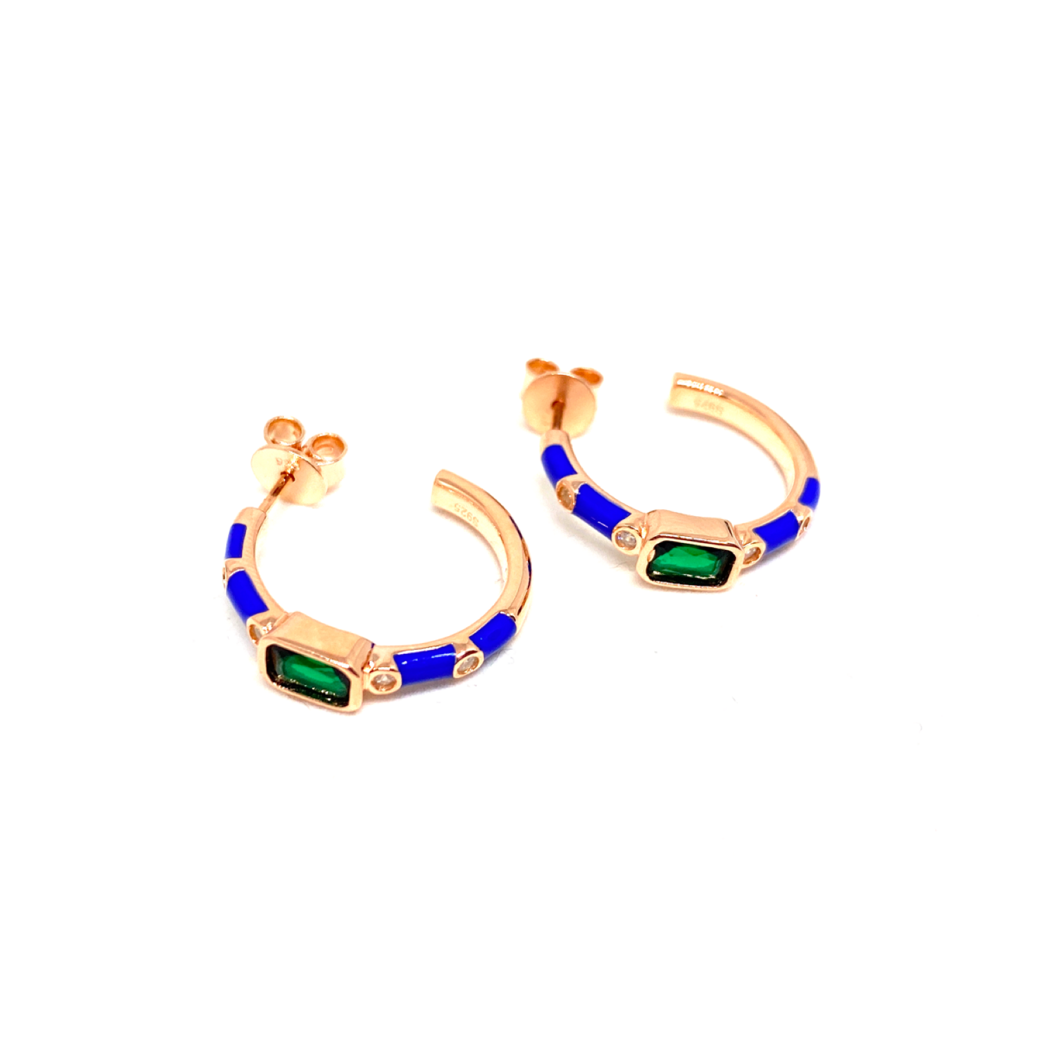 Kadın Gümüş Lacivert Mineli Halka Küpe zümrüt görünümlü 925 ayar rose renk