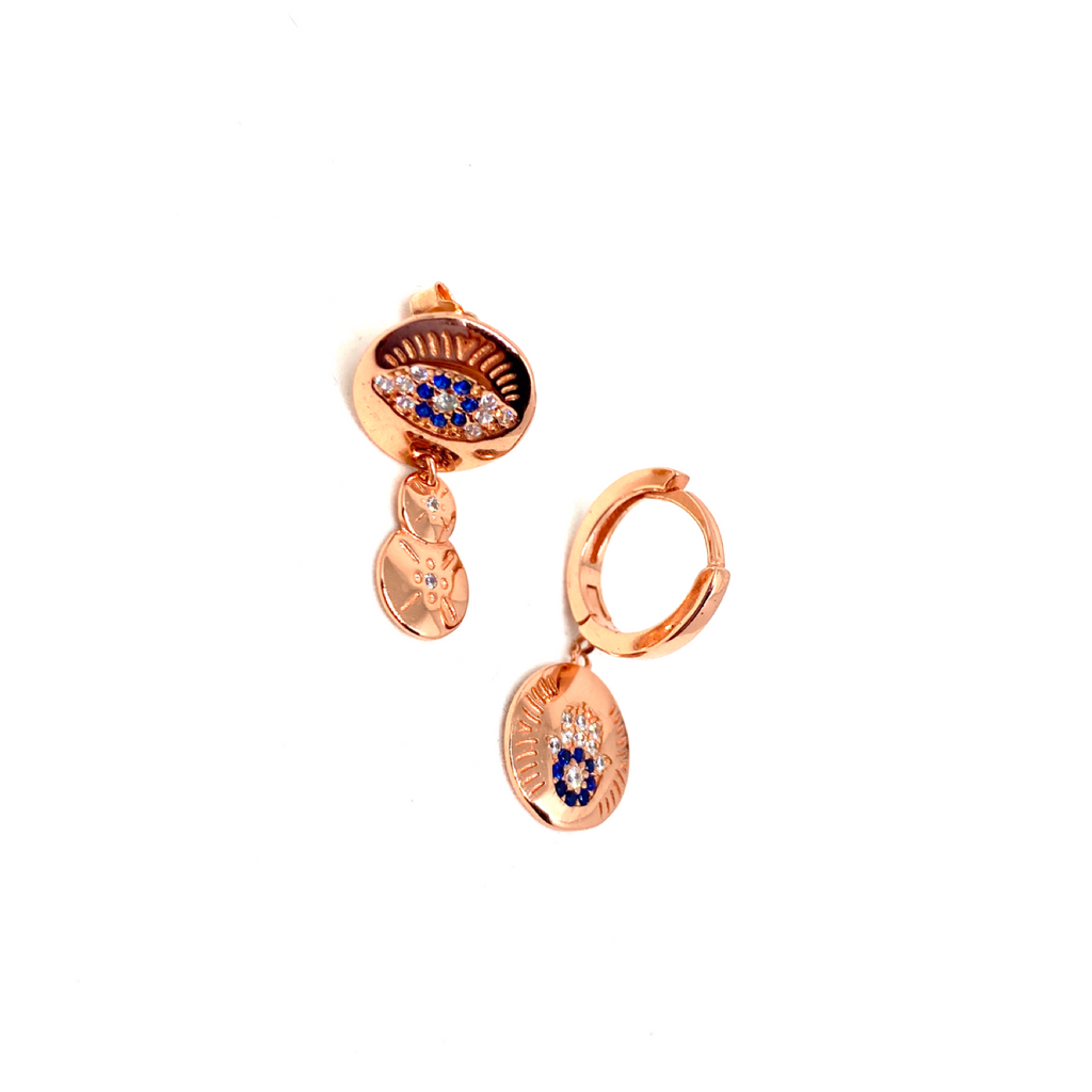 Kadın Gümüş El ve Göz Figürlü Asimetrik Küpe Fatma eli Hamsa eli 925 ayar rose renk