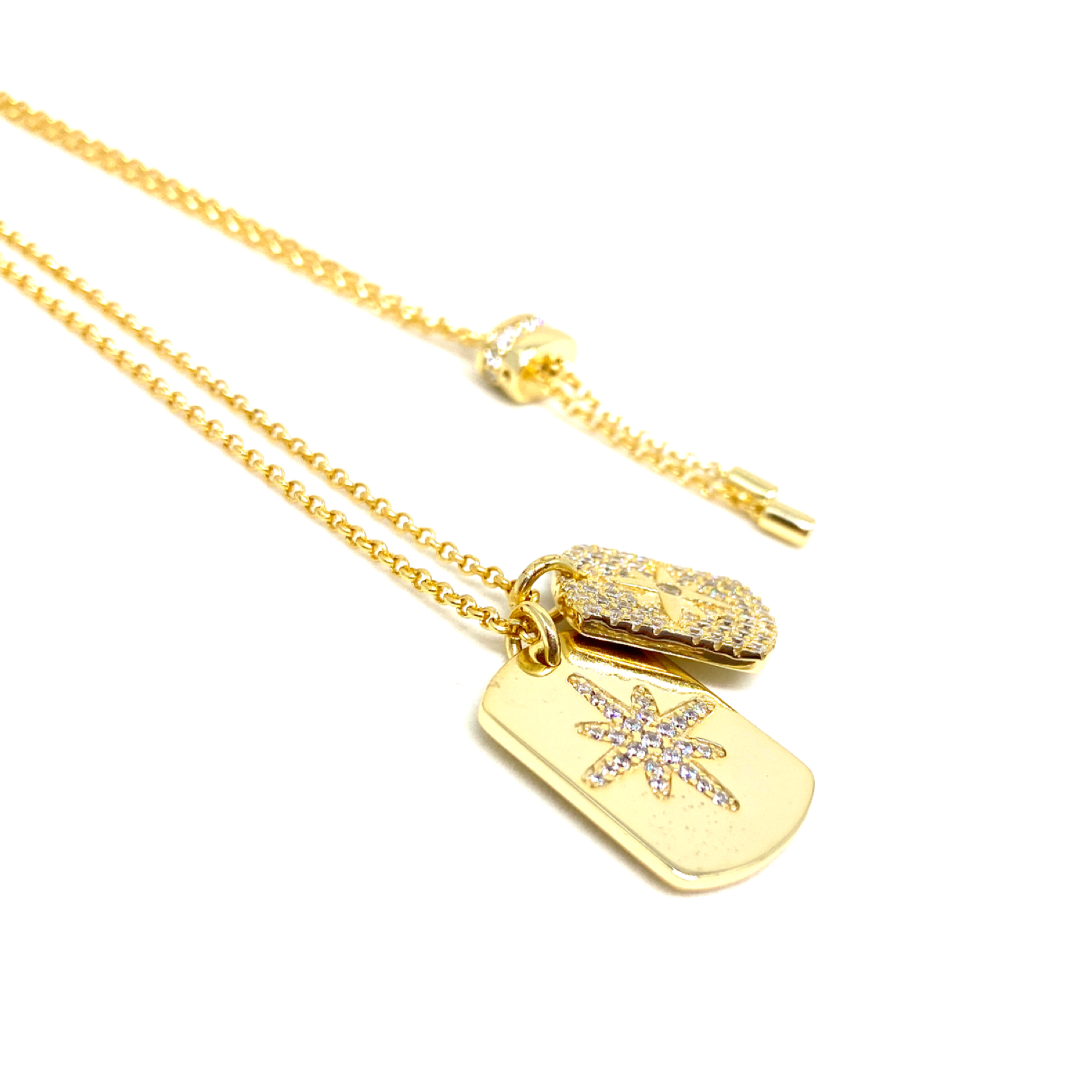 Kadın Gümüş Çift Plakalı Kutup Yıldızı Kolye Madalyon imitasyon Pırlanta Altın Görünümlü 925 ayar