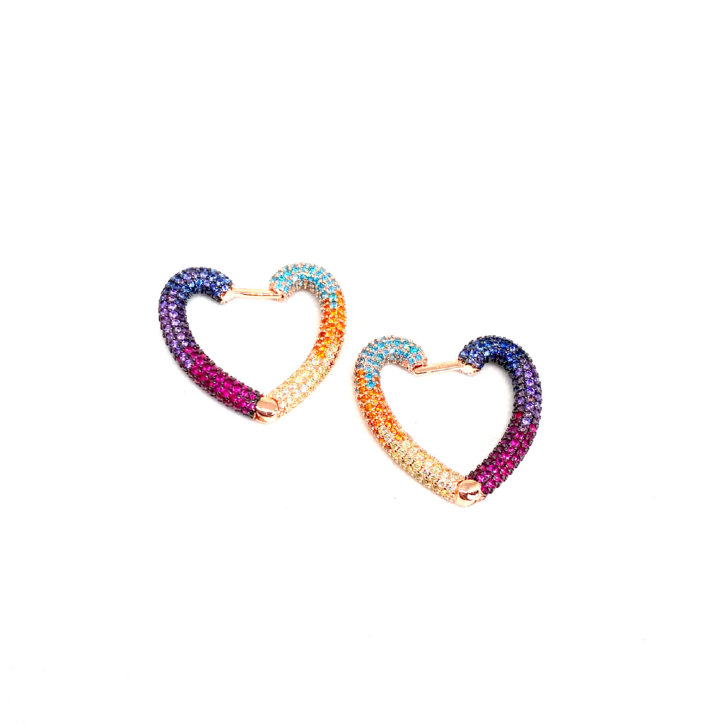 Kadın Gümüş Rainbow Kalp Küpe Büyük Sıvama halka Taşlı renkli colormix multicolor 925 ayar