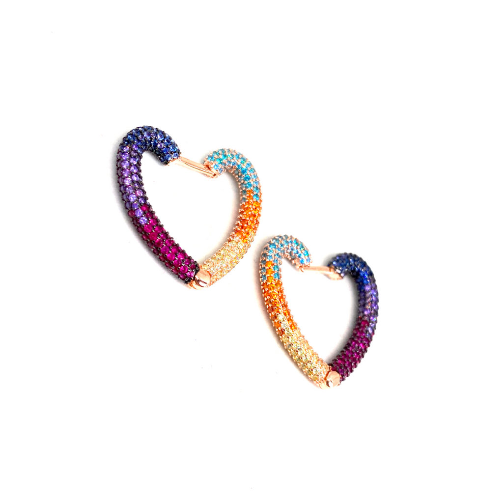 Kadın Gümüş Rainbow Kalp Küpe Büyük Sıvama halka Taşlı renkli colormix multicolor 925 ayar