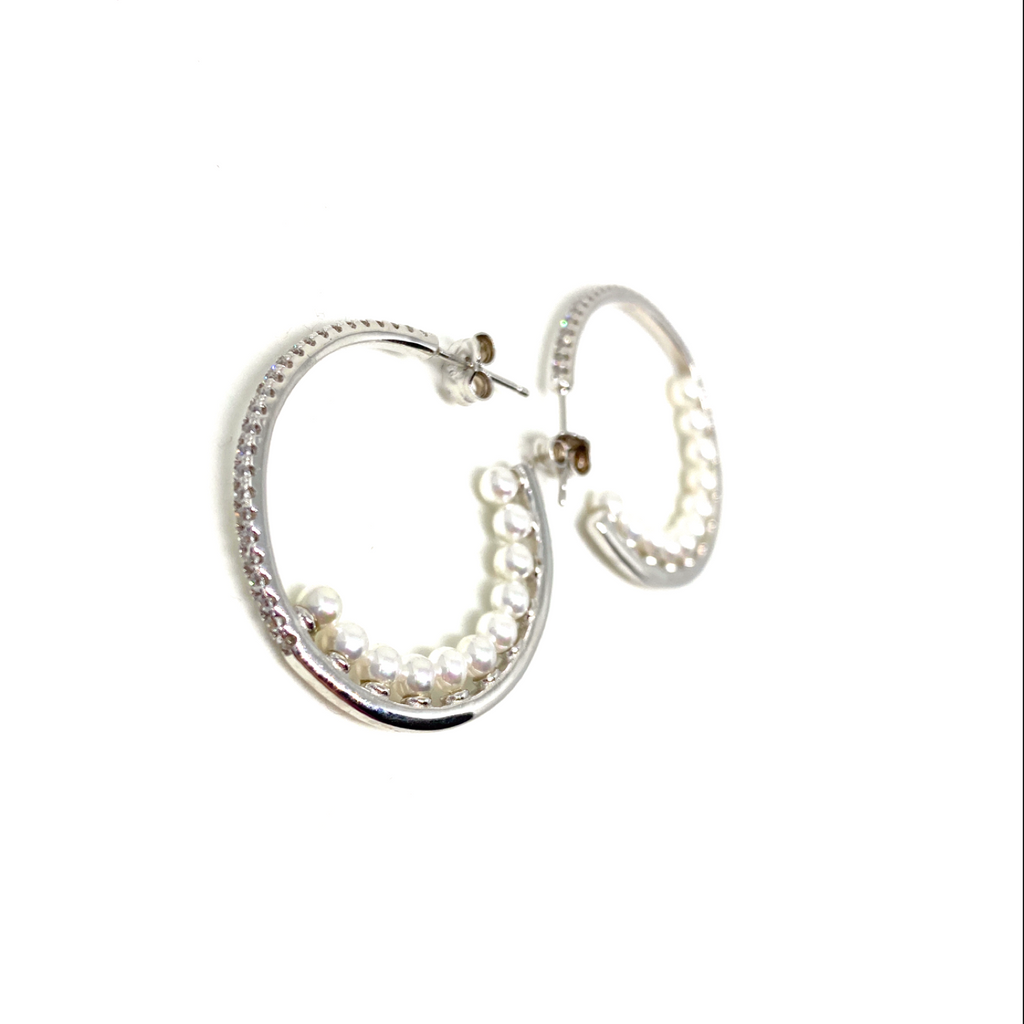 Kadın Gümüş İçi İncili Halka Küpe orta Boy imitasyon Pırlanta Görünümlü 925 ayar silver