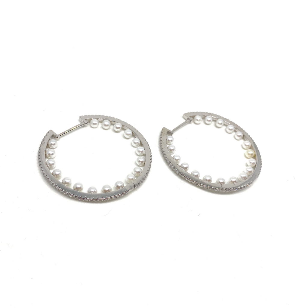 Kadın Gümüş İçi İncili Halka Küpe Büyük Boy imitasyon Pırlanta Görünümlü 925 ayar