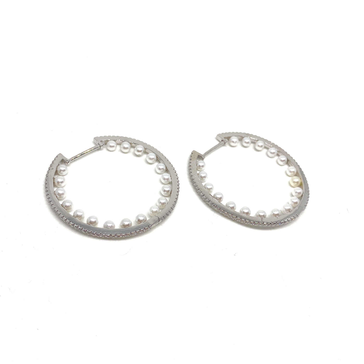 Kadın Gümüş İçi İncili Halka Küpe Büyük Boy imitasyon Pırlanta Görünümlü 925 ayar