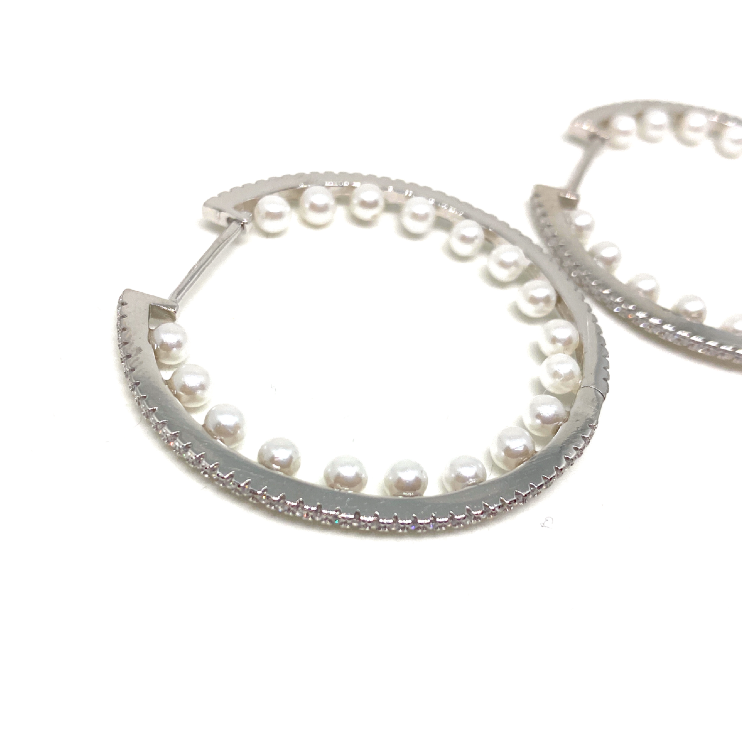 Kadın Gümüş İçi İncili Halka Küpe Büyük Boy imitasyon Pırlanta Görünümlü 925 ayar silver renk