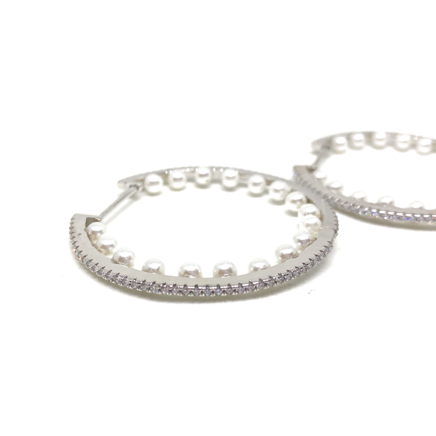 Kadın Gümüş İçi İncili Halka Küpe Büyük Boy imitasyon Pırlanta Görünümlü 925 ayar