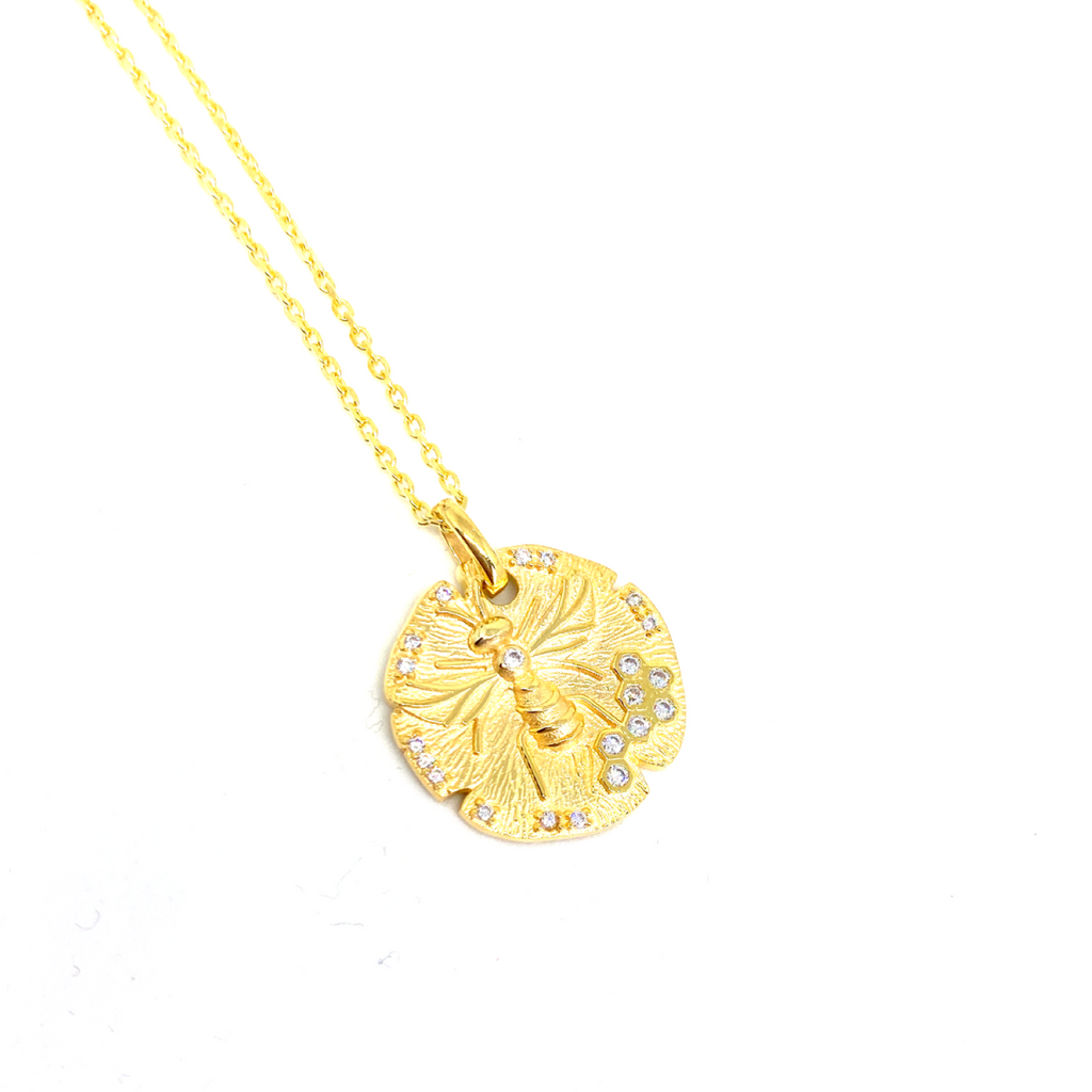 Kadın Gümüş Arı Figürlü Antik Kolye Madalyon Altın Rengi Gold 925 ayar
