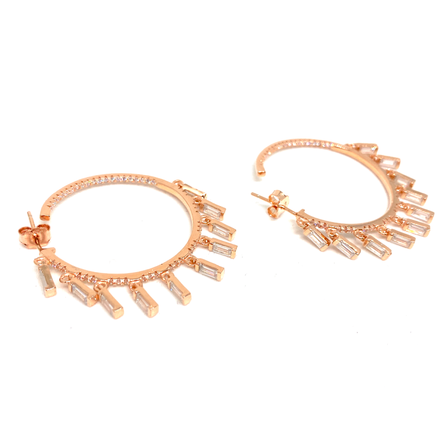 Kadın Gümüş Baget Taşlı Shakira Halka Küpe imitasyon Pırlanta Görünümlü 925 ayar rose renk