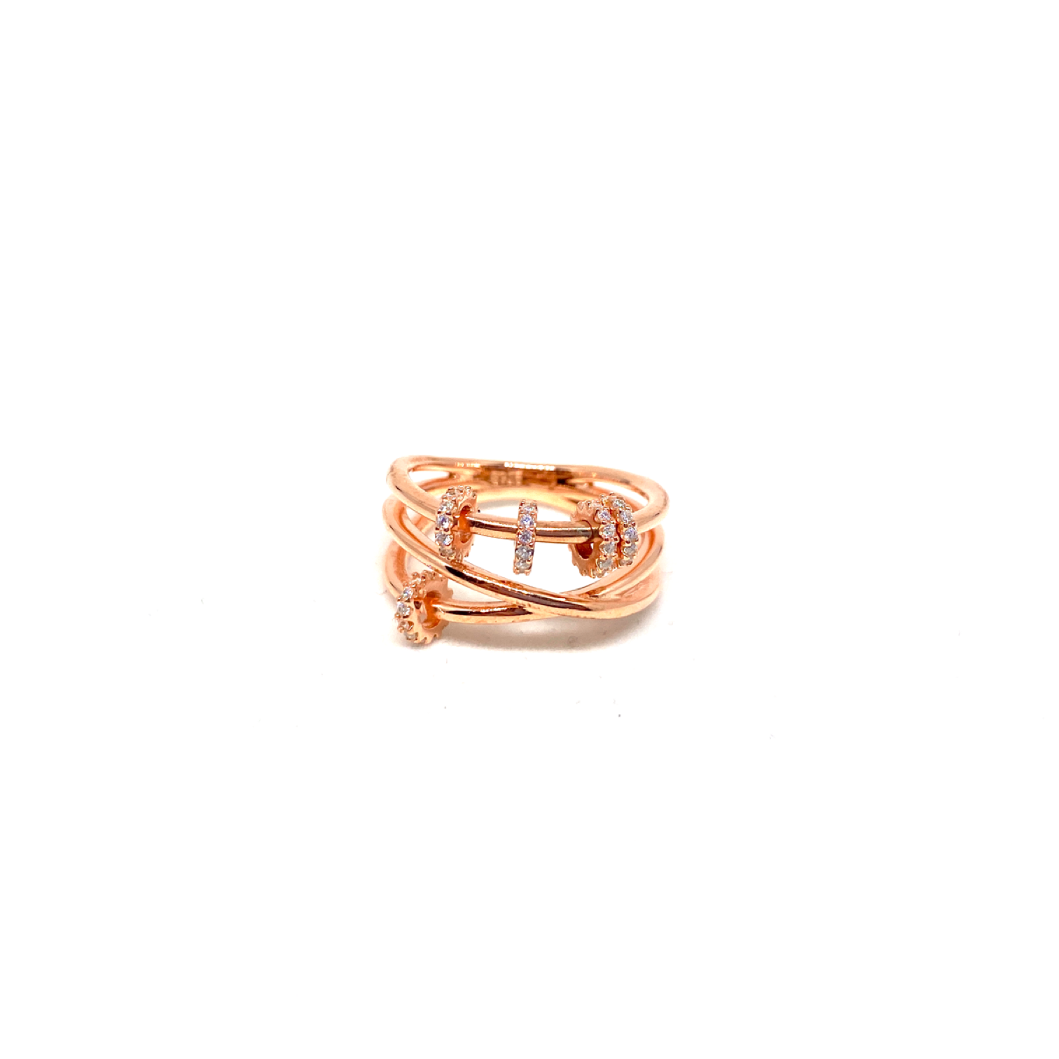 Kadın Gümüş Üç Sıralı Ringli Yüzük vintage Taşlı Altın Görünümlü 925 ayar rose renk