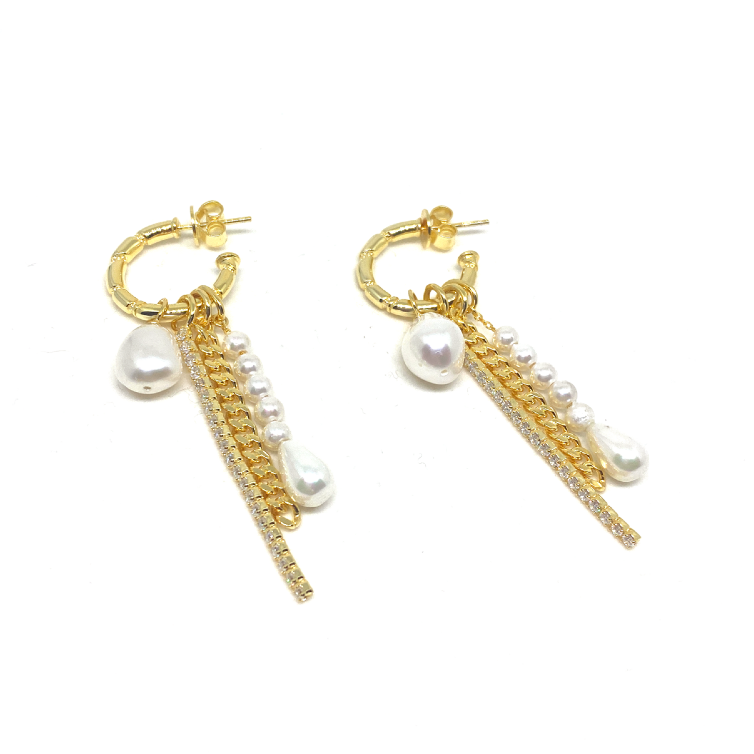 Kadın Gümüş İnci Charmlı Halka Küpe Altın görünümlü 925 ayar gold renk