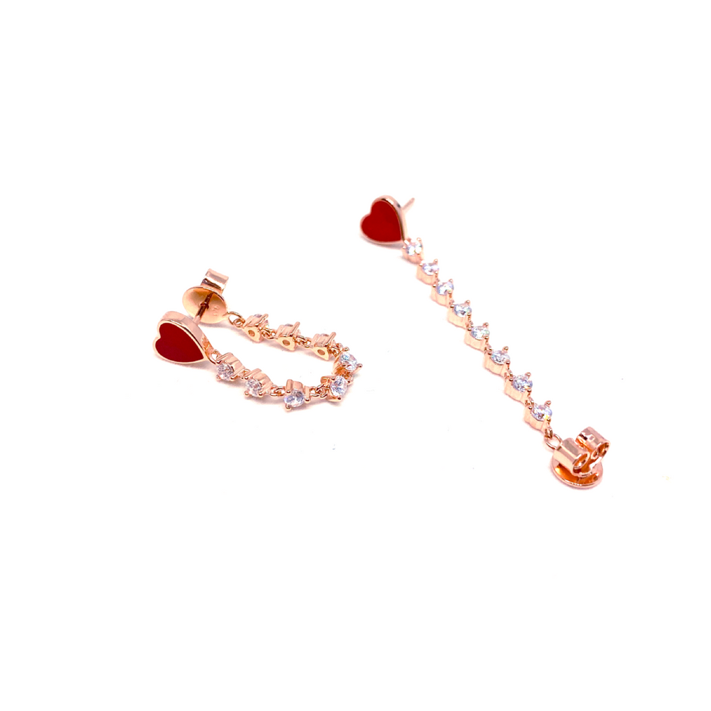 Kadın Gümüş Zincirli Mineli Kırmızı Kalp Küpe Taşlı 925 ayar