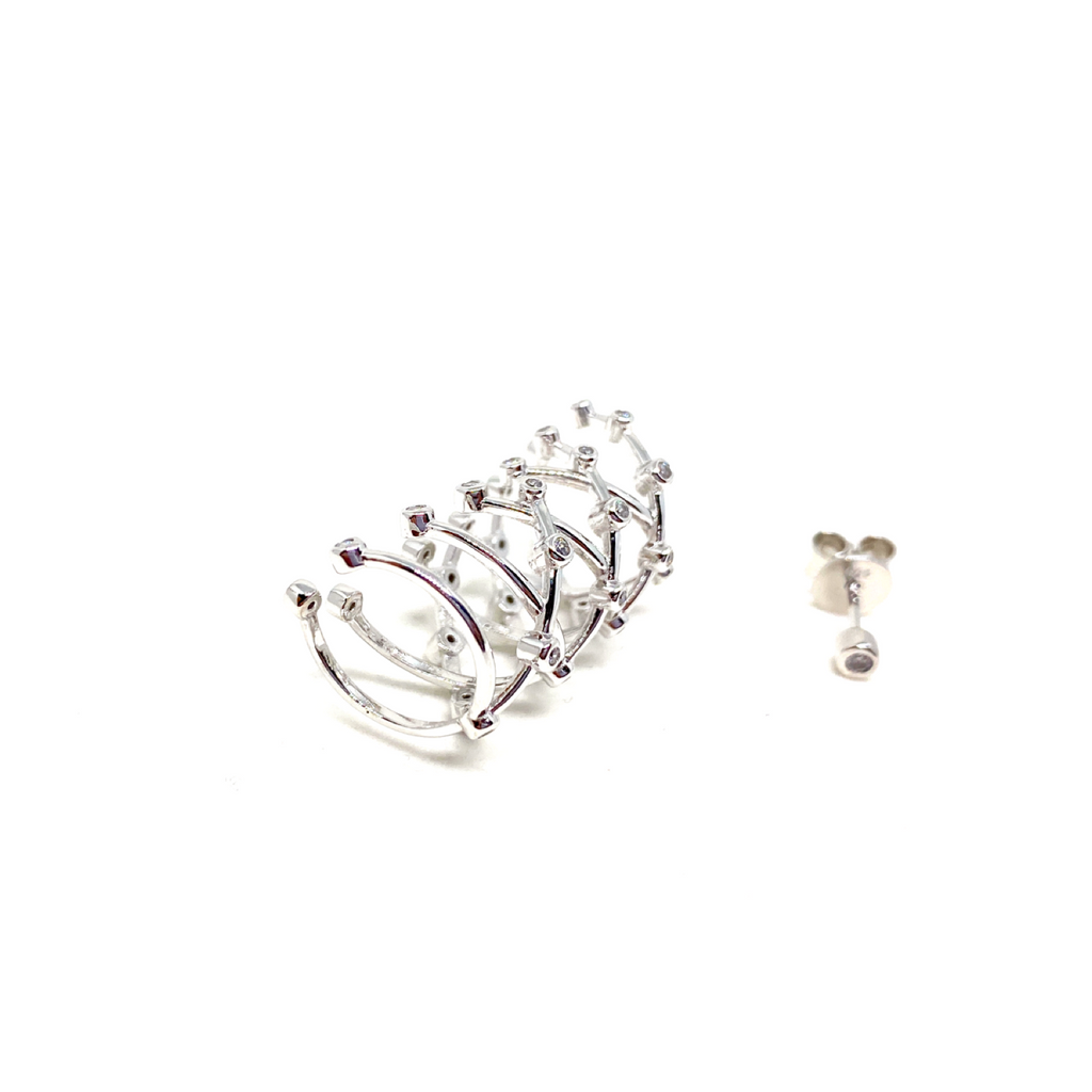 Kadın Gümüş Kafes Cuff Kıkırdak Küpe sıkıştırmalı Tektaş Küpe Takım 925 ayar silver renk