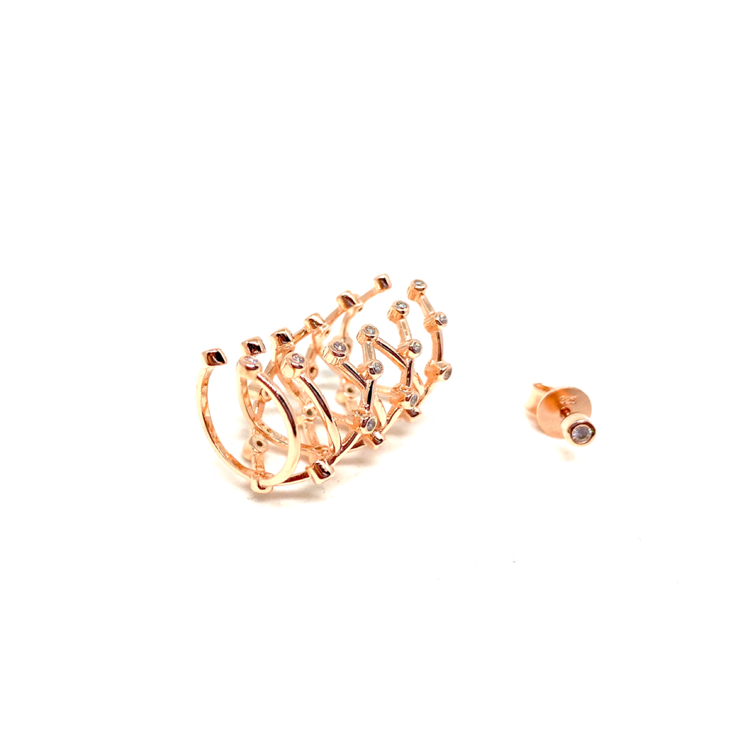 Kadın Gümüş Kafes Cuff Kıkırdak Küpe sıkıştırmalı Tektaş Küpe Takım 925 ayar rose renk