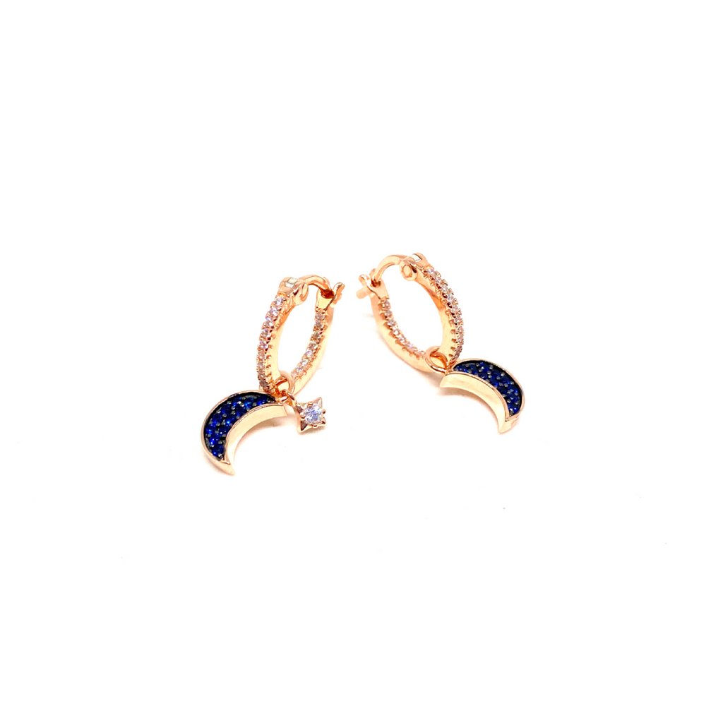 Kadın Gümüş Mini Gece Küpe ay yıldız lacivert safir 925 ayar rose