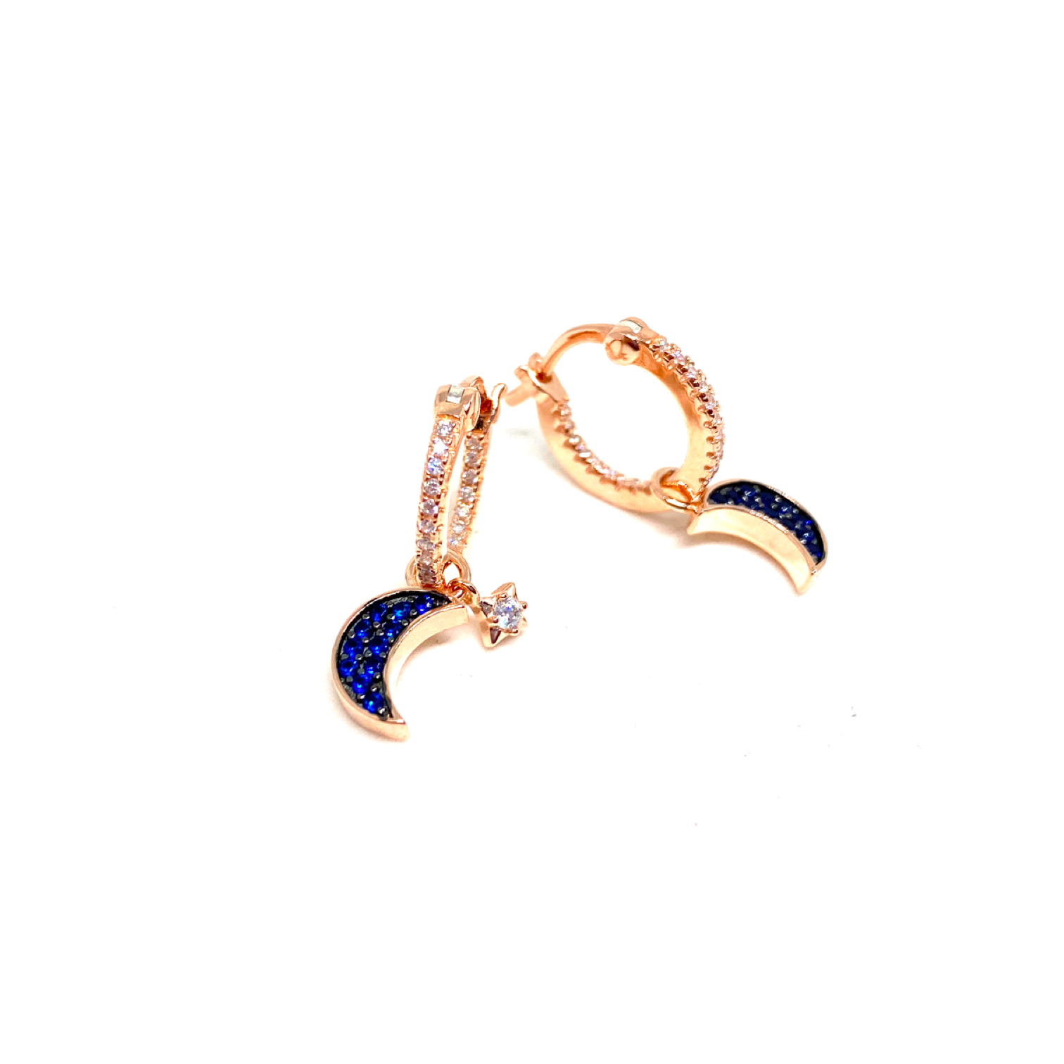 Kadın Gümüş Mini Gece Küpe ay yıldız lacivert safir 925 ayar rose renk