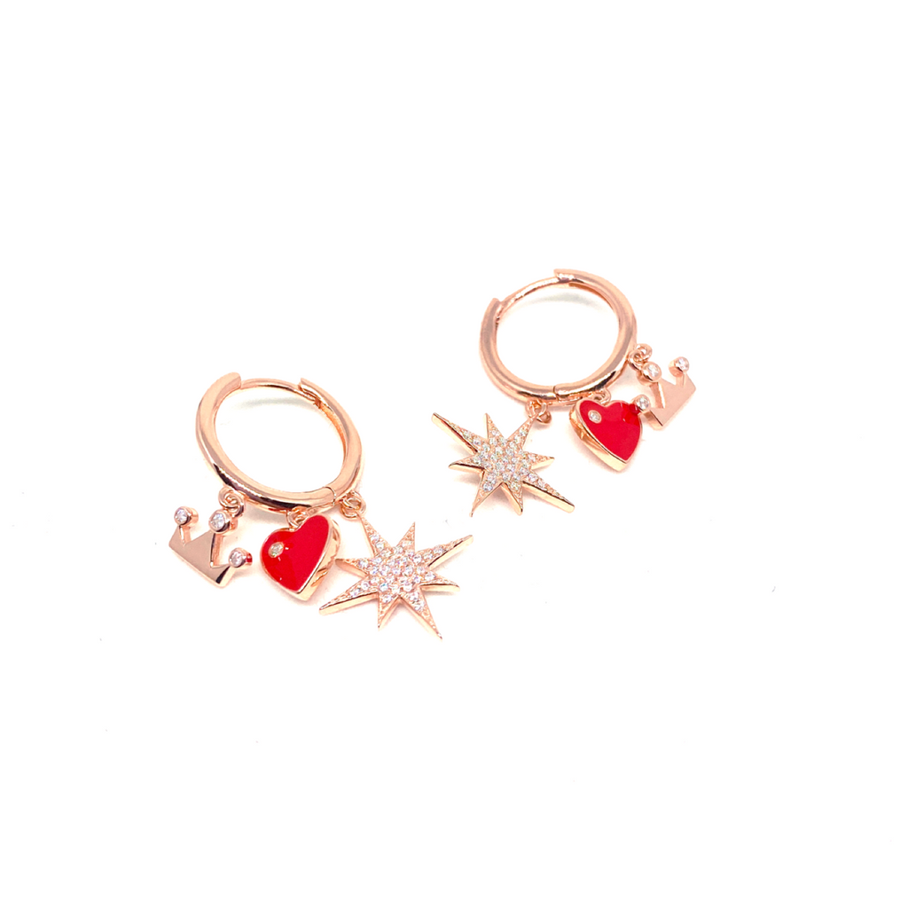 Kadın Gümüş Taç Kalp Yıldız Figürlü Küpe charm crown tiara Sallantılı Kırmızı 925 ayar rose