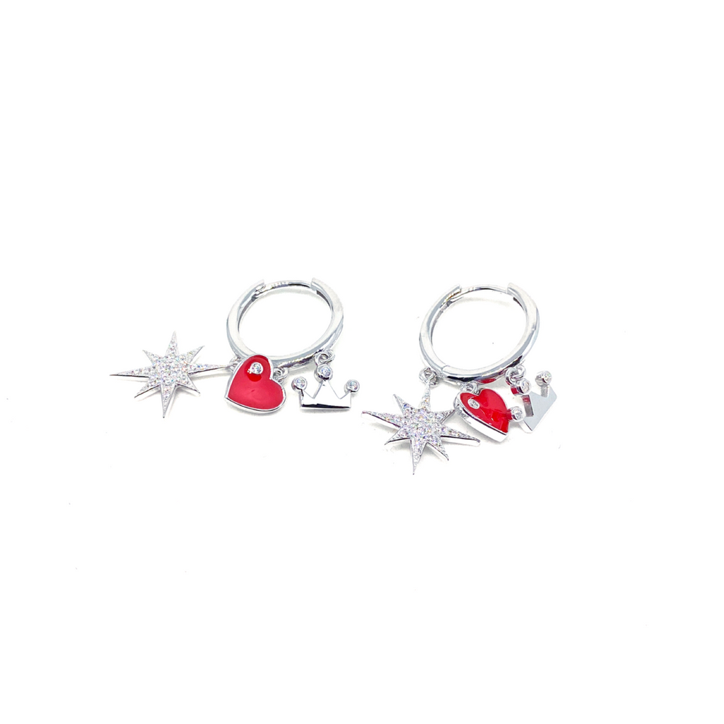 Kadın Gümüş Taç Kalp Yıldız Figürlü Küpe charm crown tiara Sallantılı Kırmızı 925 ayar silver