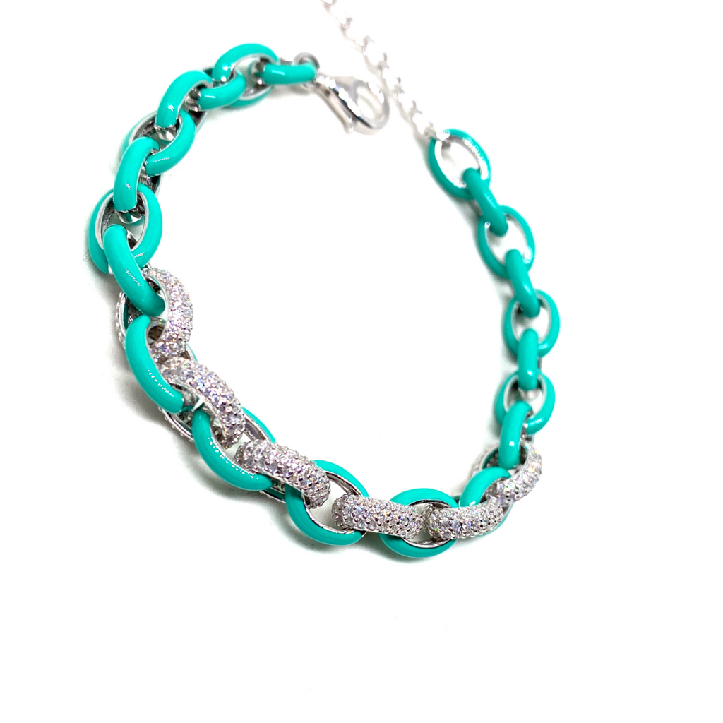 Kadın Gümüş Neon Turkuaz Halat Zincir Bileklik 925 ayar mineli Taşlı mavi