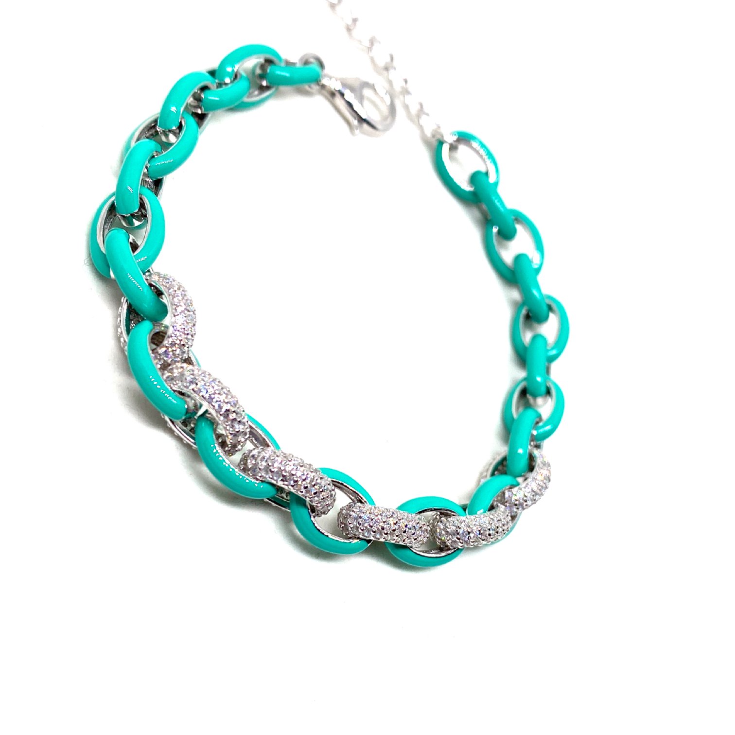 Kadın Gümüş Neon Turkuaz Halat Zincir Bileklik 925 ayar mineli Taşlı mavi
